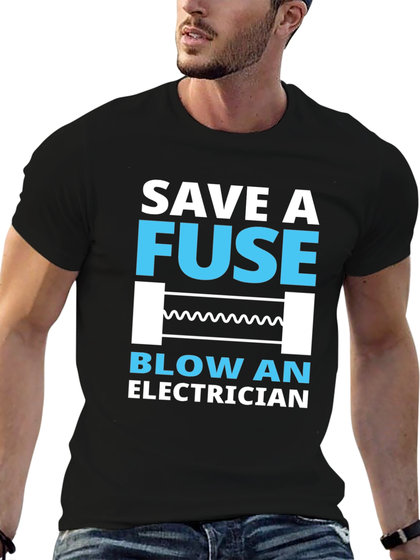 Black Save a Fuse, Blow an Electrician T-Shirt view 6