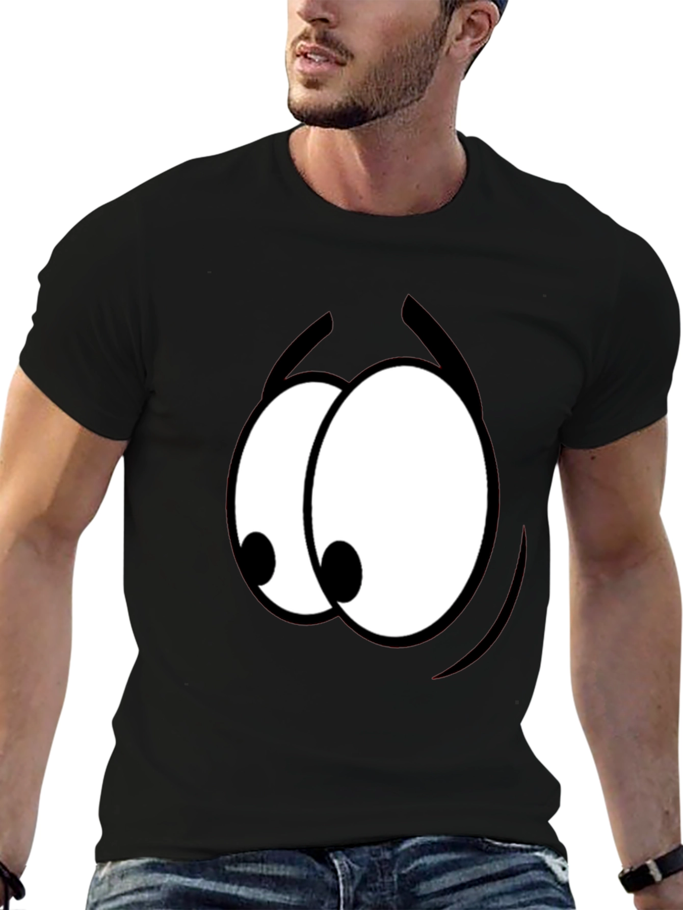 Black Funny Cartoon Eyes Graphic Black T-Shirt view 6