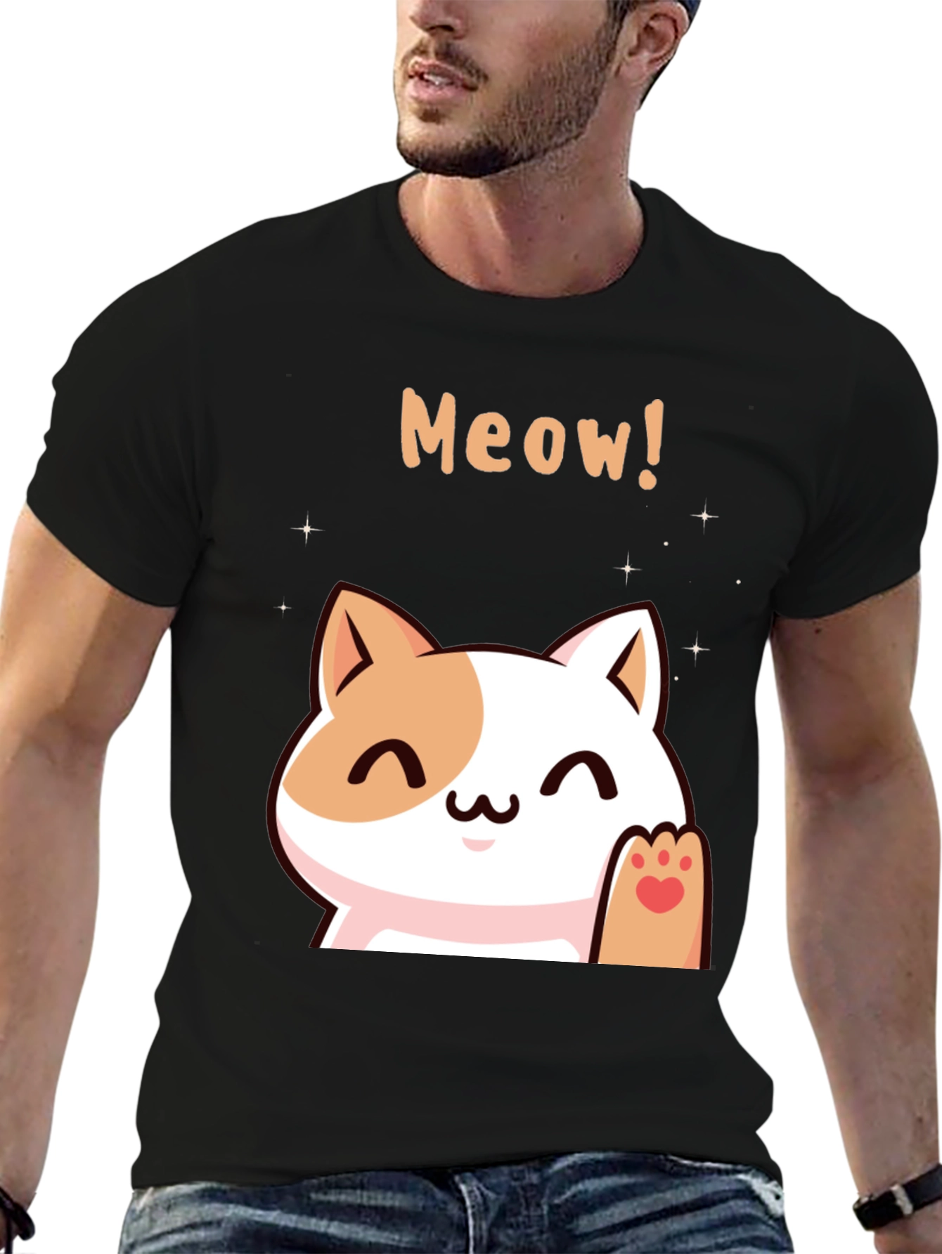 Black Cute Meow Cat Black T-Shirt view 6