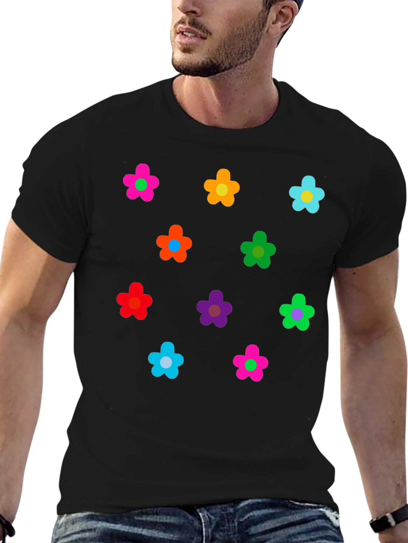 Black Colorful Flower Pattern Black T-Shirt view 6