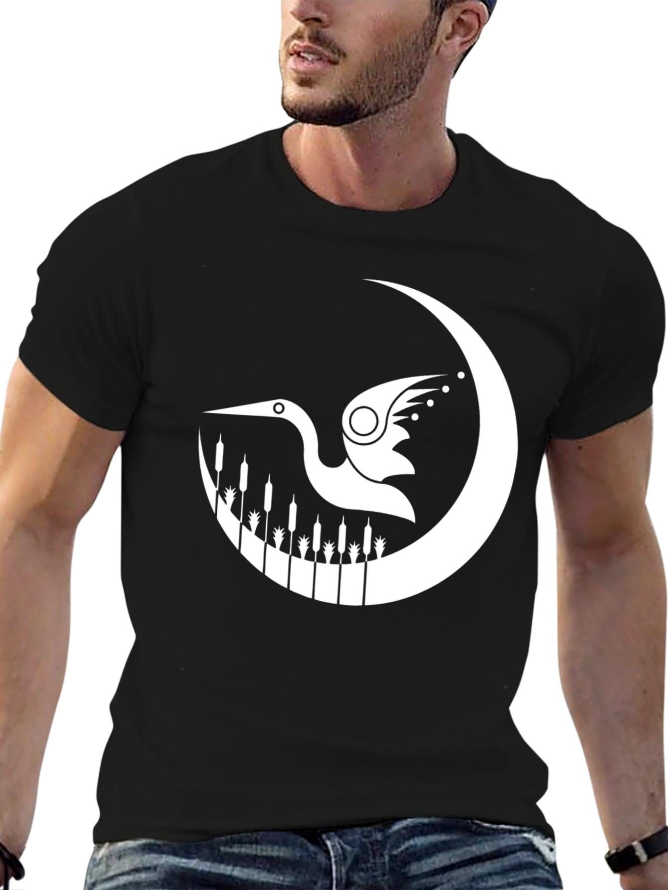 Black Stylized Heron Graphic Print Black T-Shirt view 6