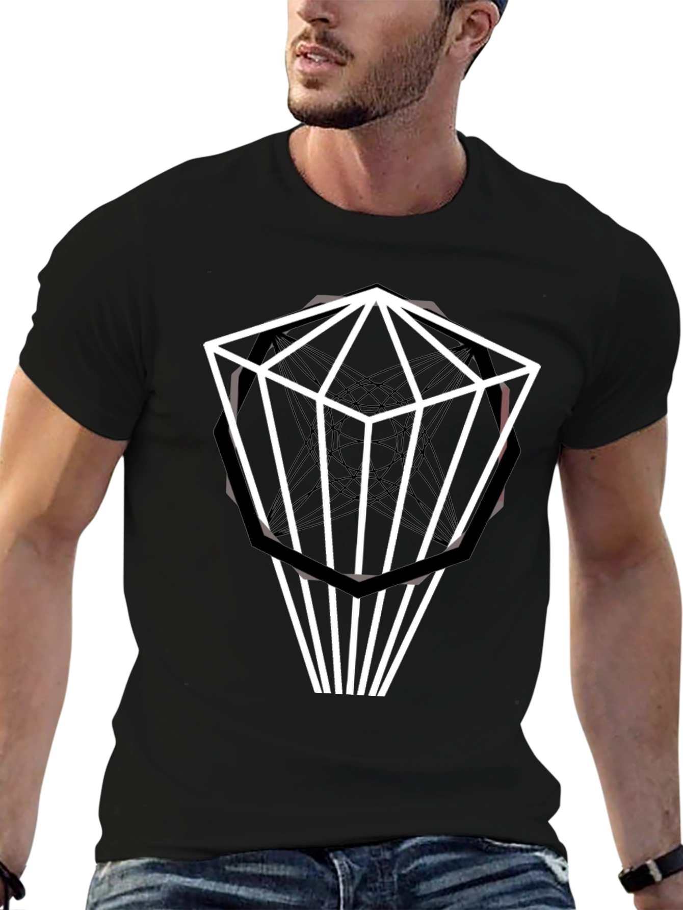 Black Geometric Diamond Graphic Black T-Shirt view 6
