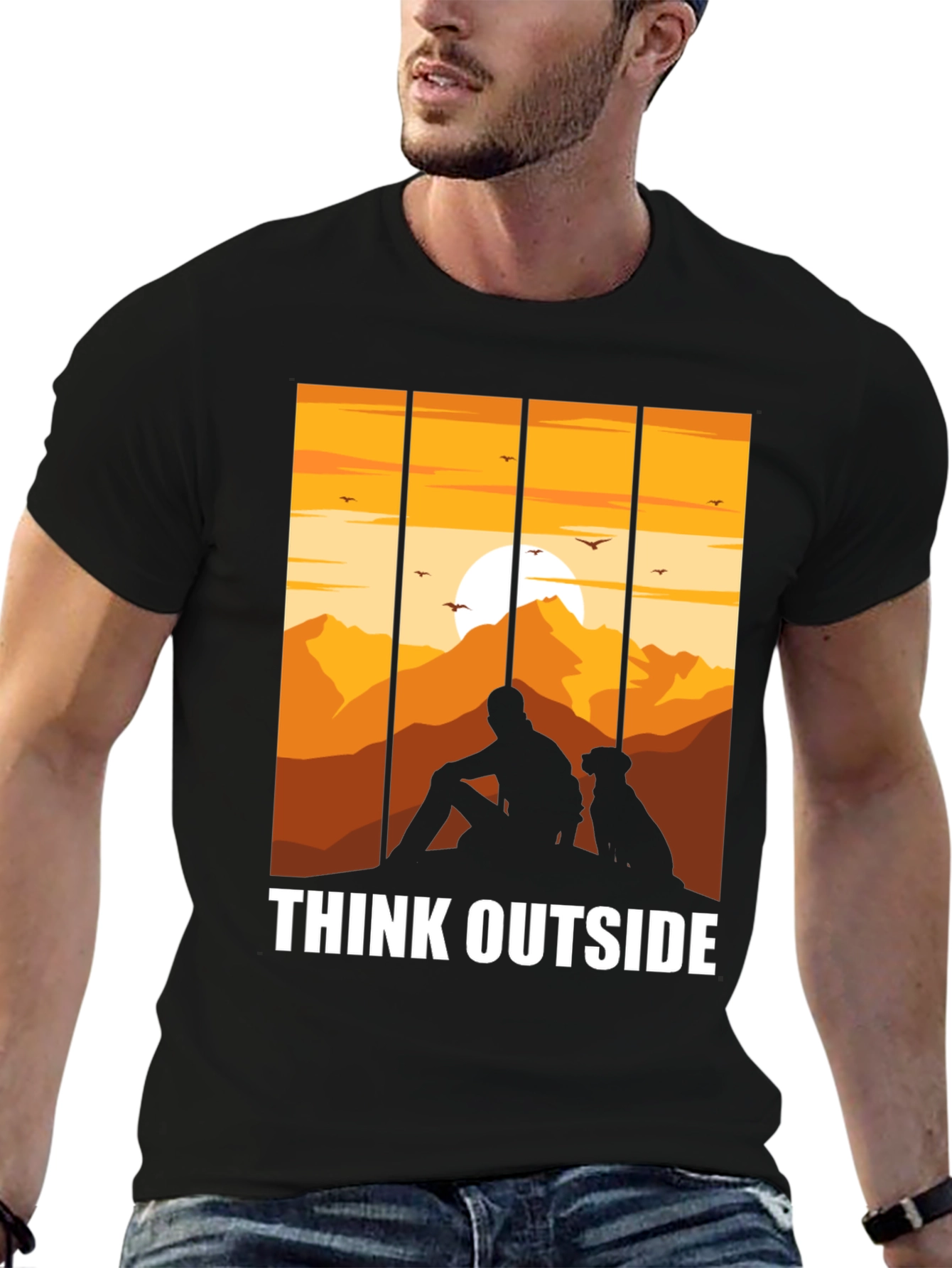 Black Think Outside Black T-Shirt, Man and Dog Sunset Graphic Tee view 6
