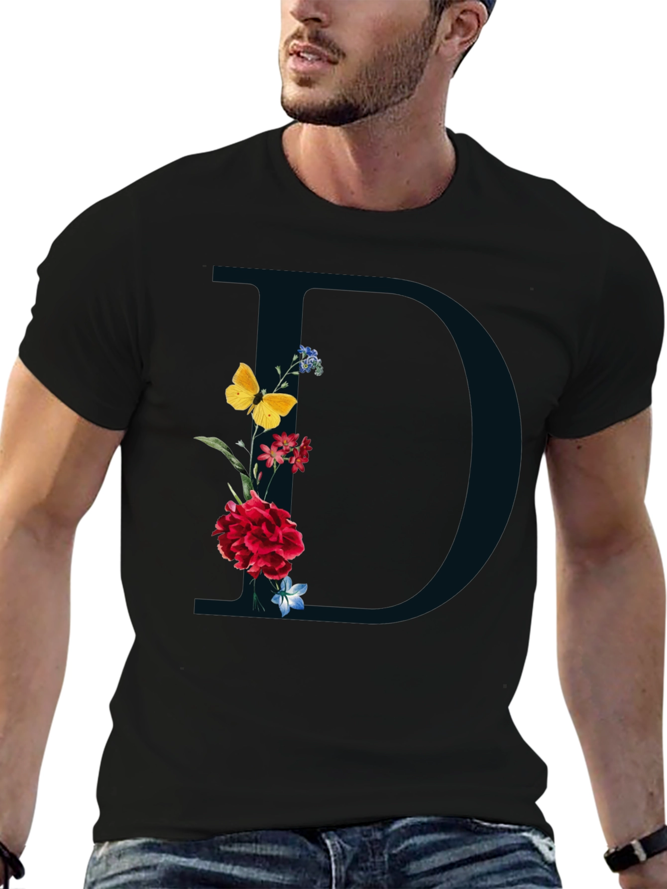Black Floral Initial 'D' Graphic Tee - Elegant Design view 6