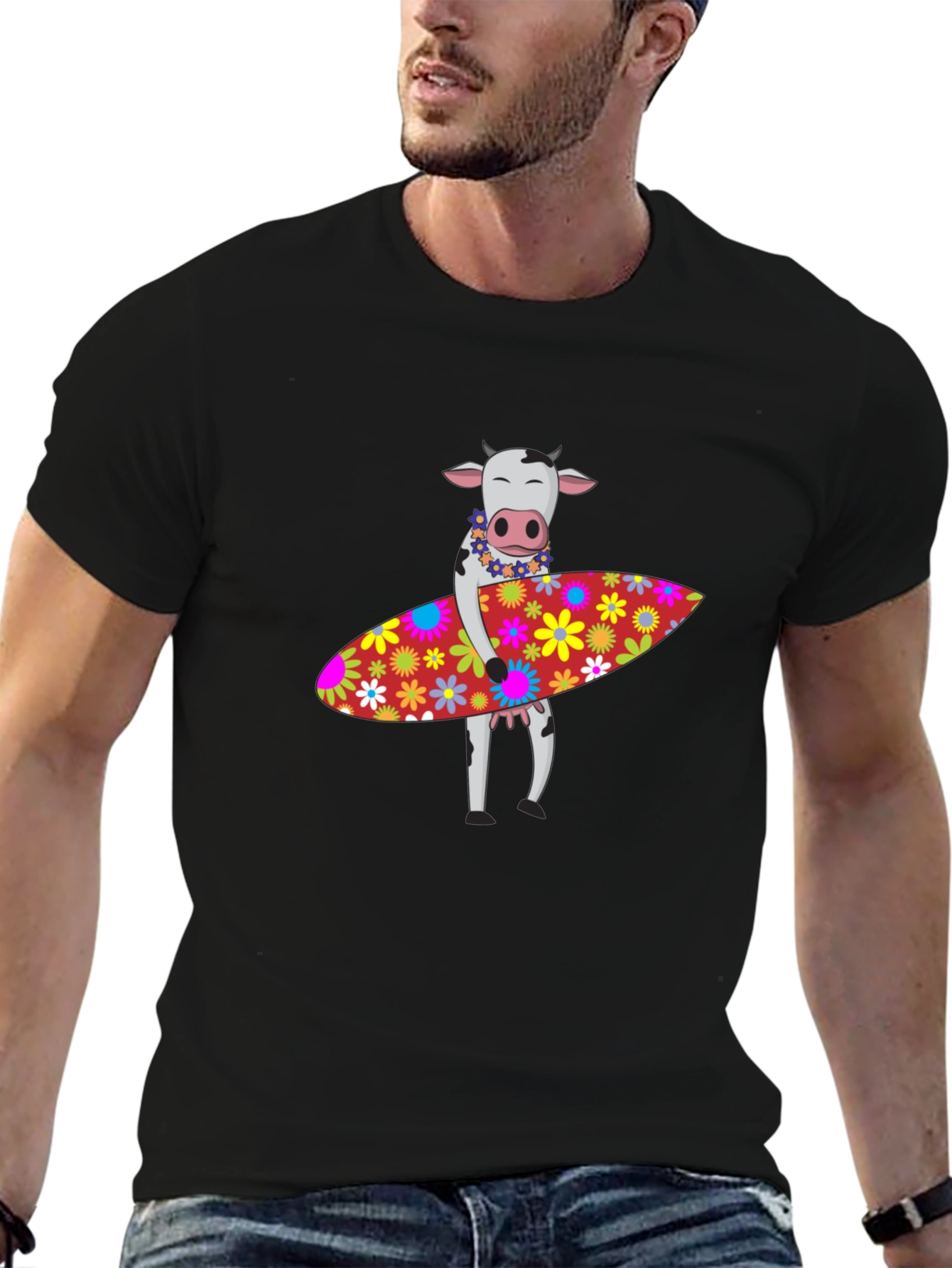 Black Surfing Cow Graphic Tee - Black Cotton T-Shirt view 6