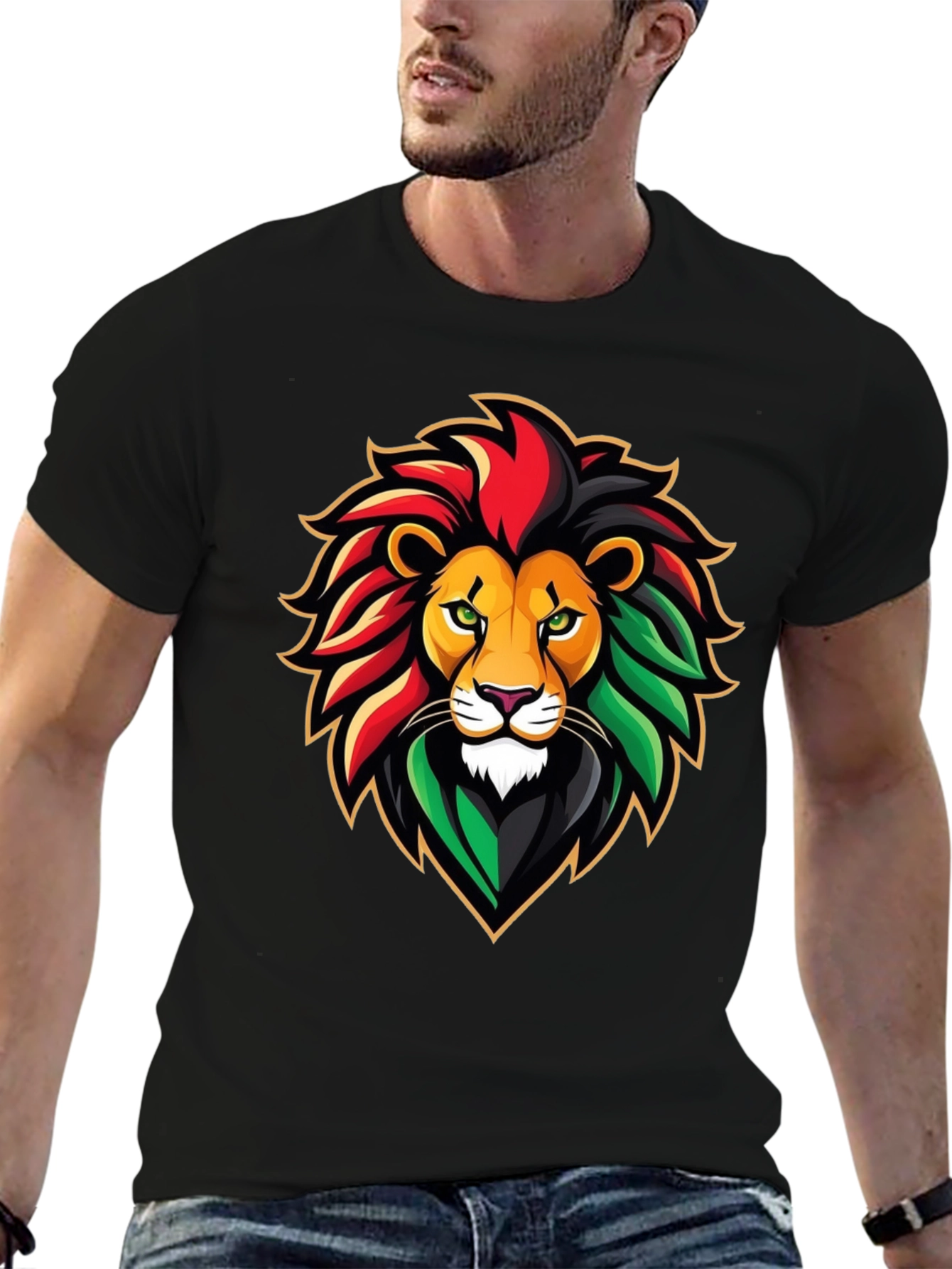 Black Rasta Lion Graphic Tee - Black Cotton T-Shirt view 6