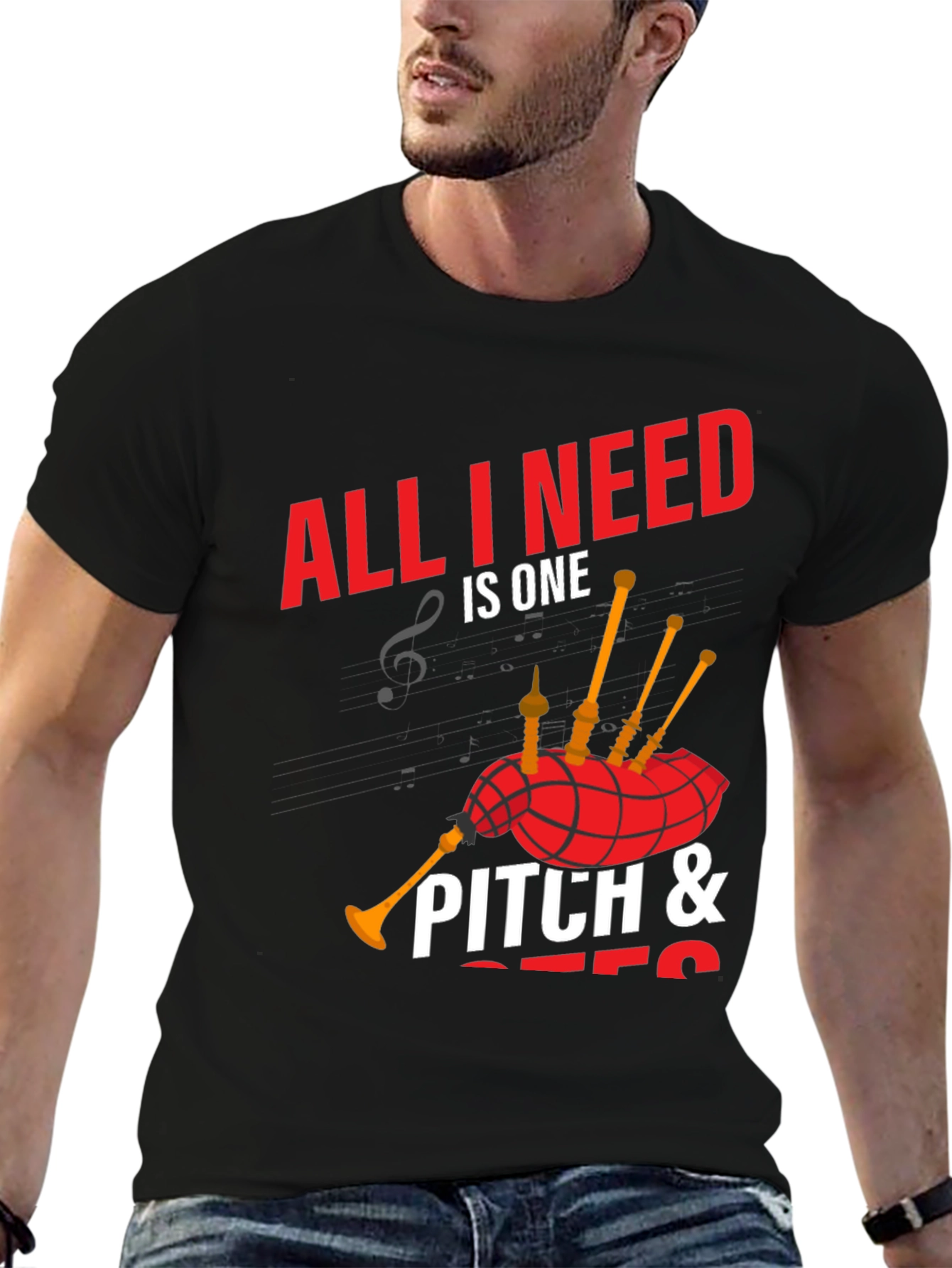 Black Bagpipe Music T-Shirt - All I Need is One Pitch view 6