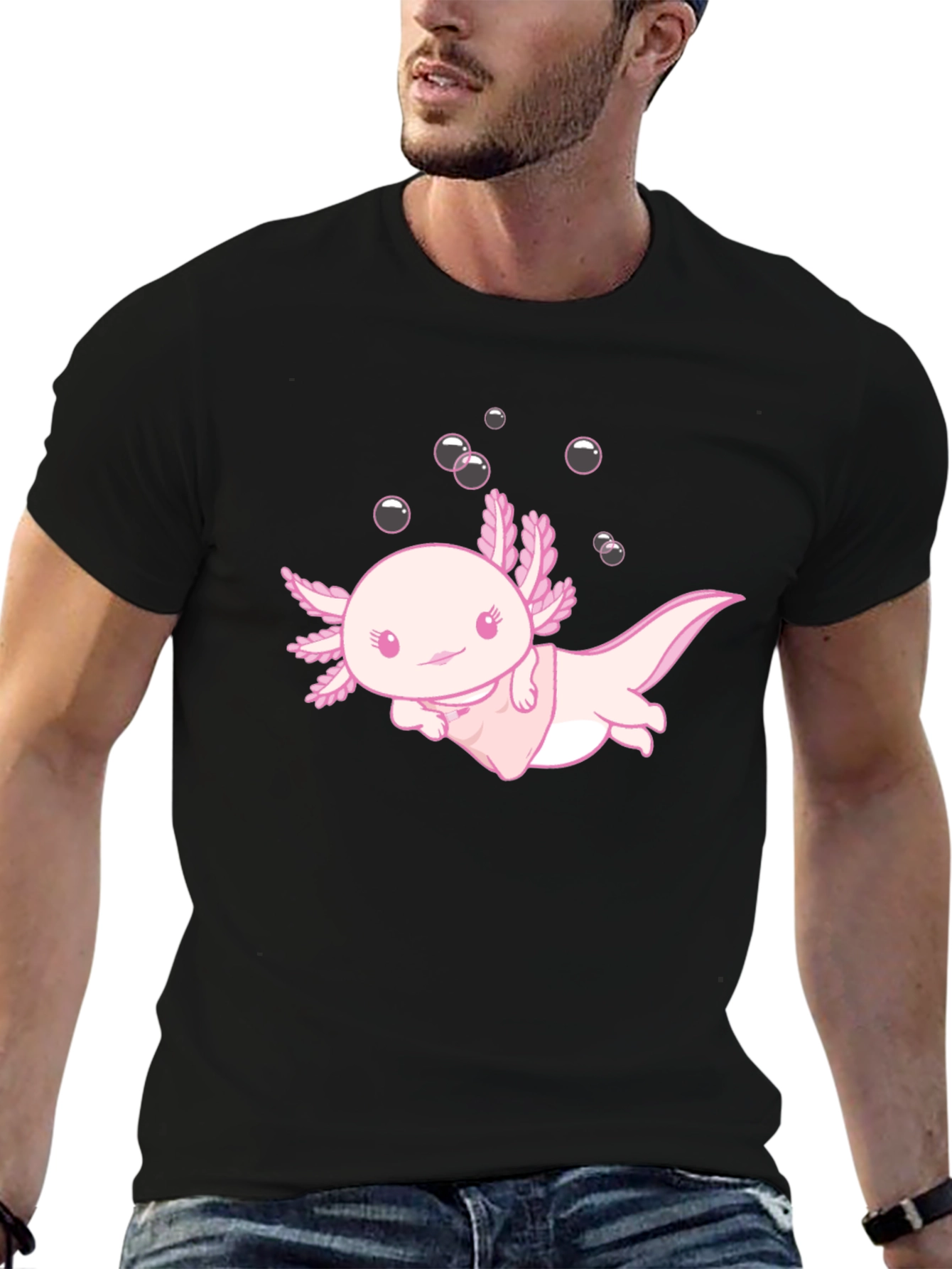 Black Cute Axolotl Black T-Shirt view 6