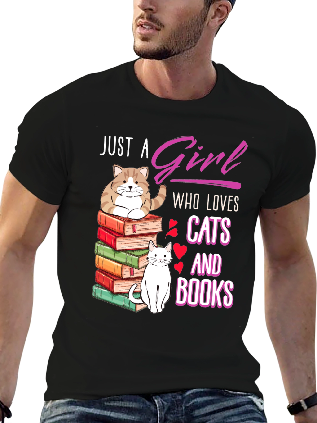 Black Just A Girl Who Loves Cats and Books T-Shirt view 6