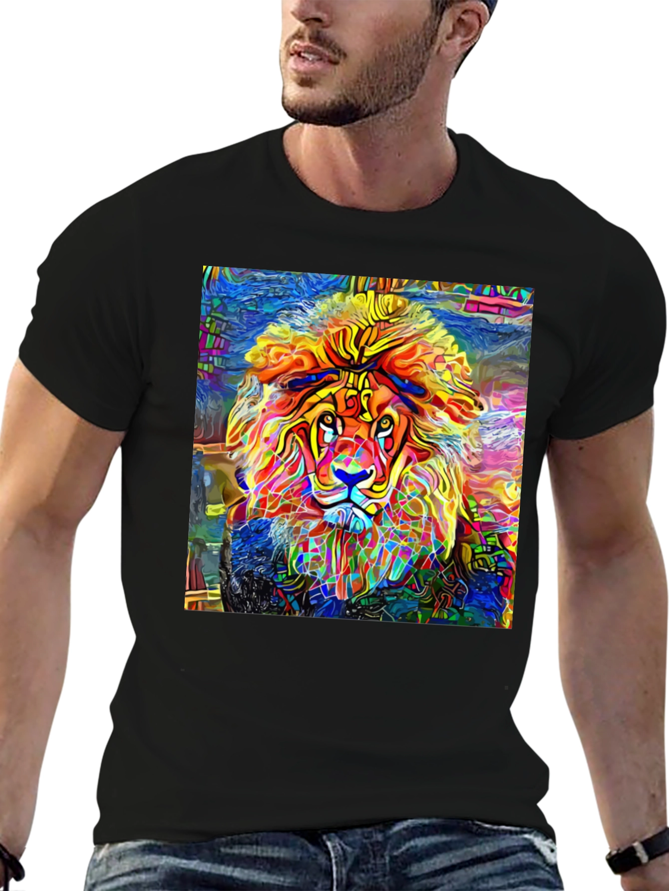 Black Vibrant Lion Graphic Black T-Shirt - Artistic Animal Tee view 6