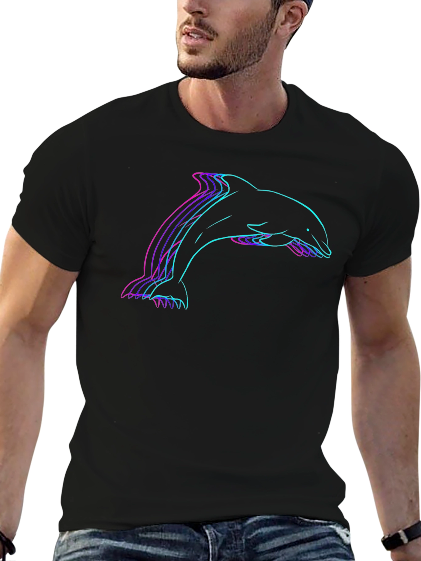 Black Retro Dolphin Graphic Tee - Black Cotton Blend view 6