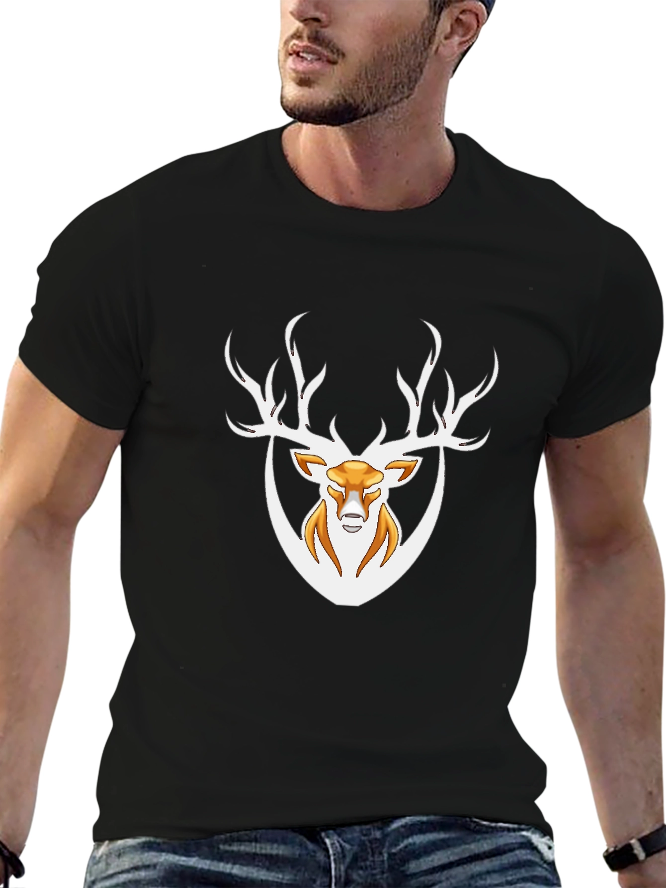 Black Men's Black T-Shirt with Deer Graphic view 6