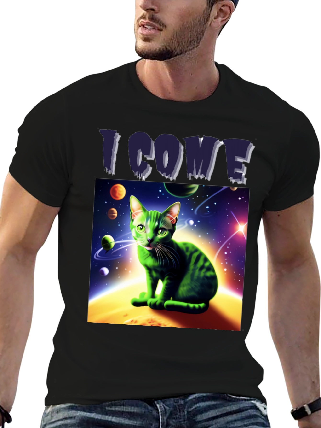 Black I Come In Peace Cat T-Shirt - Space Alien Green Kitty Tee view 6