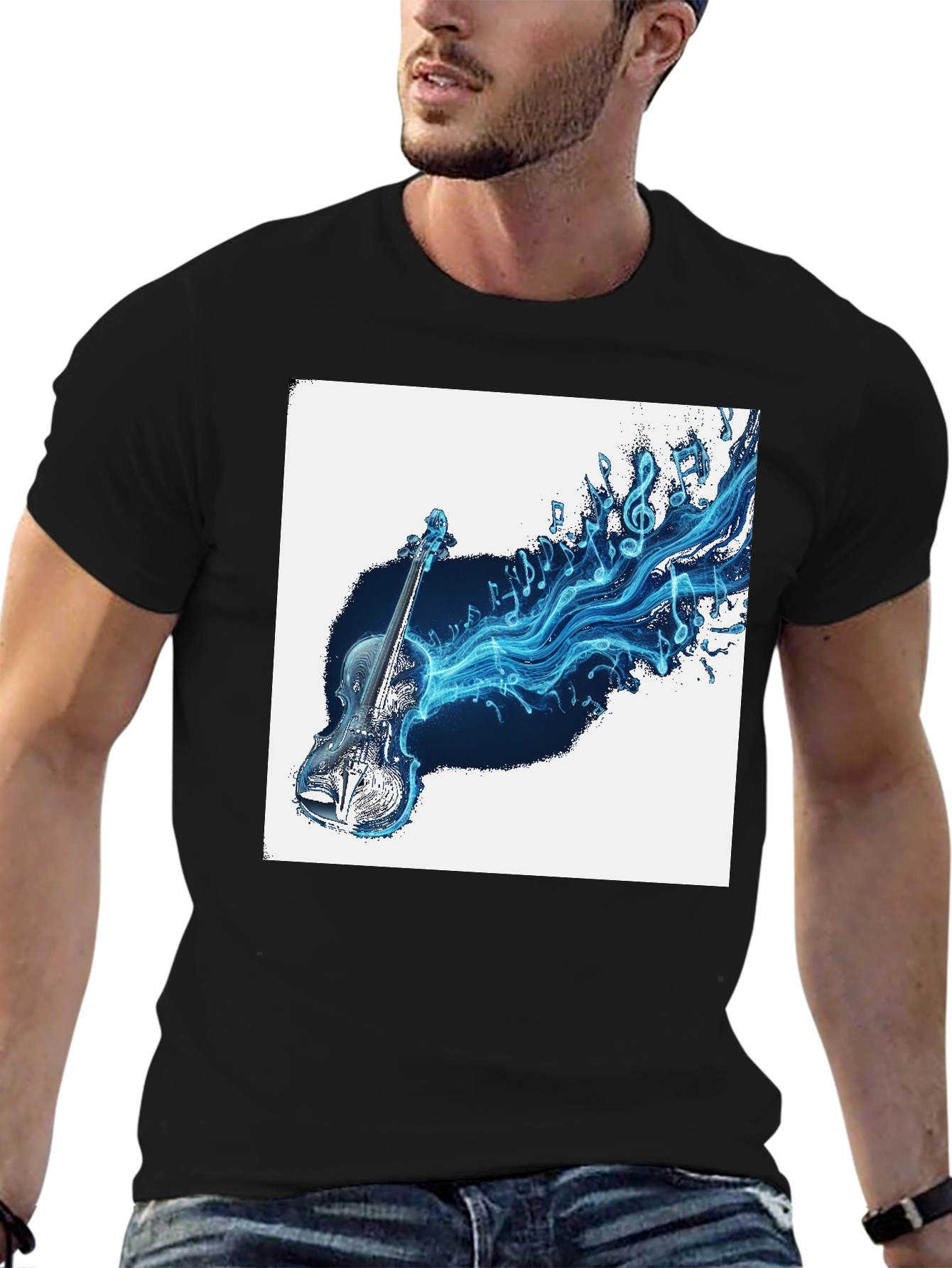 Black Musical Violin Graphic T-Shirt - Black view 6