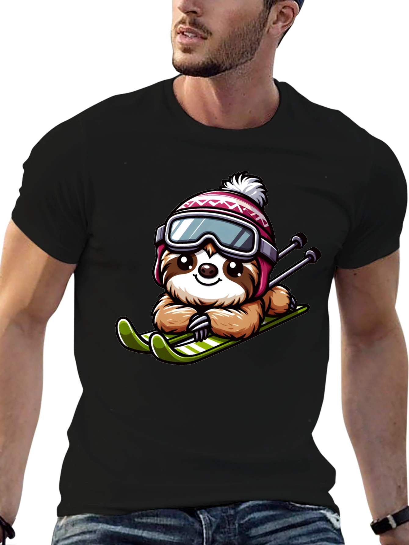 Black Skiing Sloth Graphic Tee - Winter Fun view 6