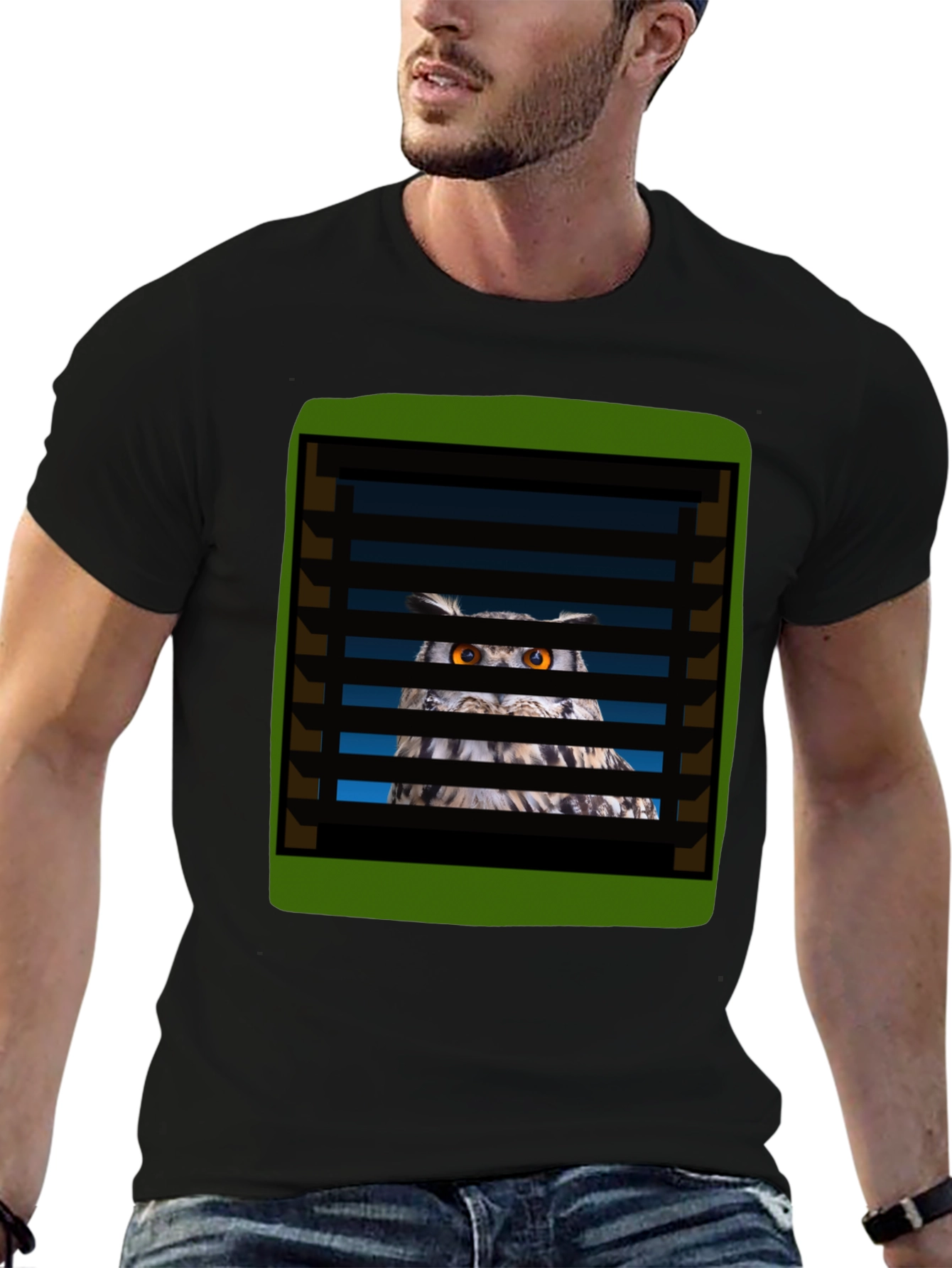 Black Owl Peeking Through Blinds Graphic T-Shirt view 6