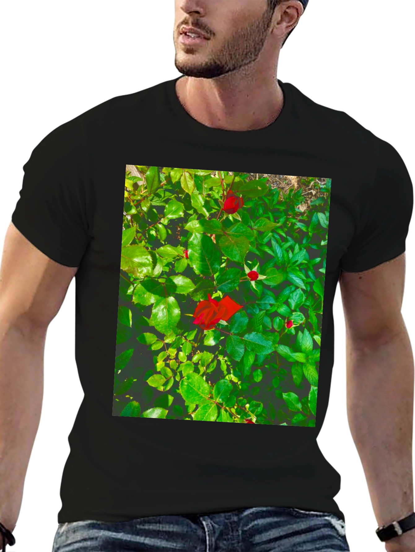 Black Rose Bush Graphic Tee - Nature Inspired Black T-Shirt view 6