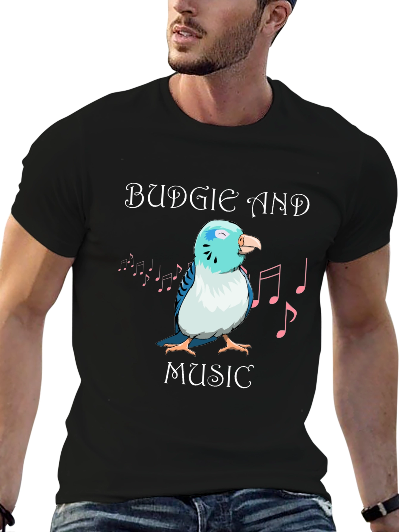 Black Budgie and Music Graphic T-Shirt view 6