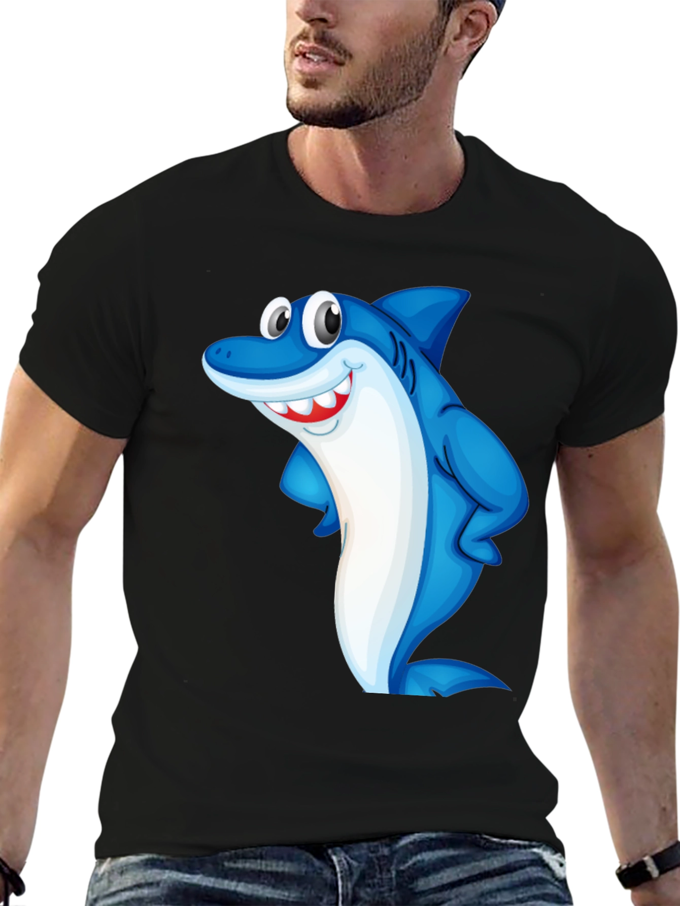 Black Funny Shark Graphic Tee - Black Cotton Blend T-Shirt view 6