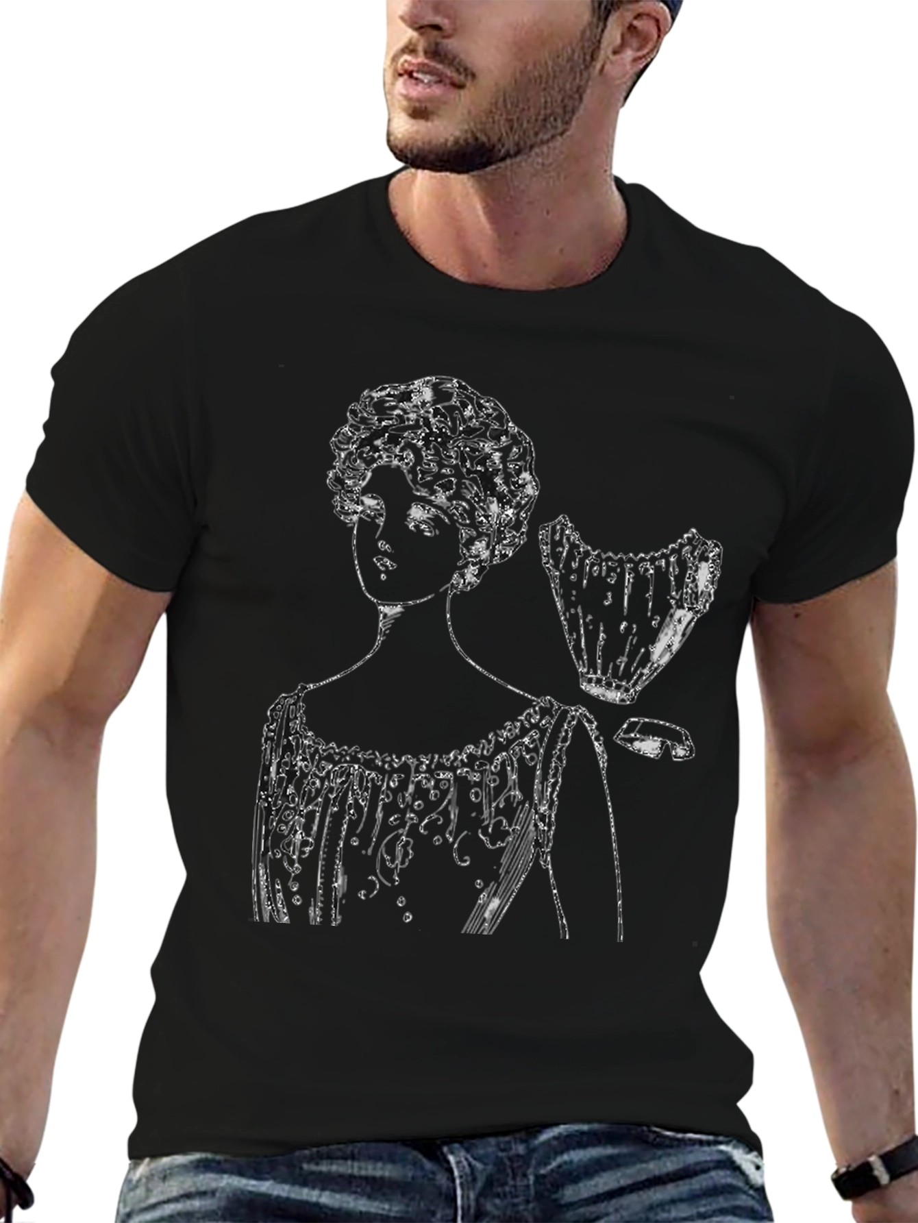 Black Vintage Woman Sketch Black T-Shirt view 6