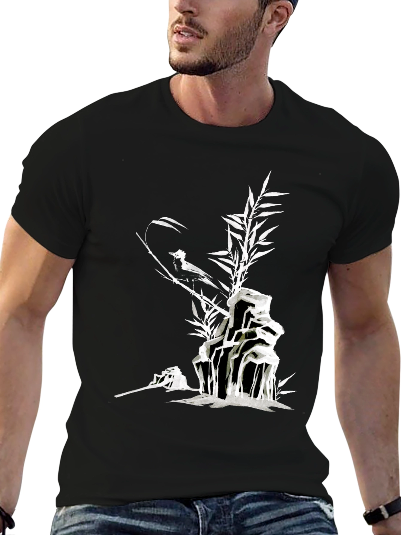 Black Men's Black T-Shirt with Bird and Bamboo Graphic view 6
