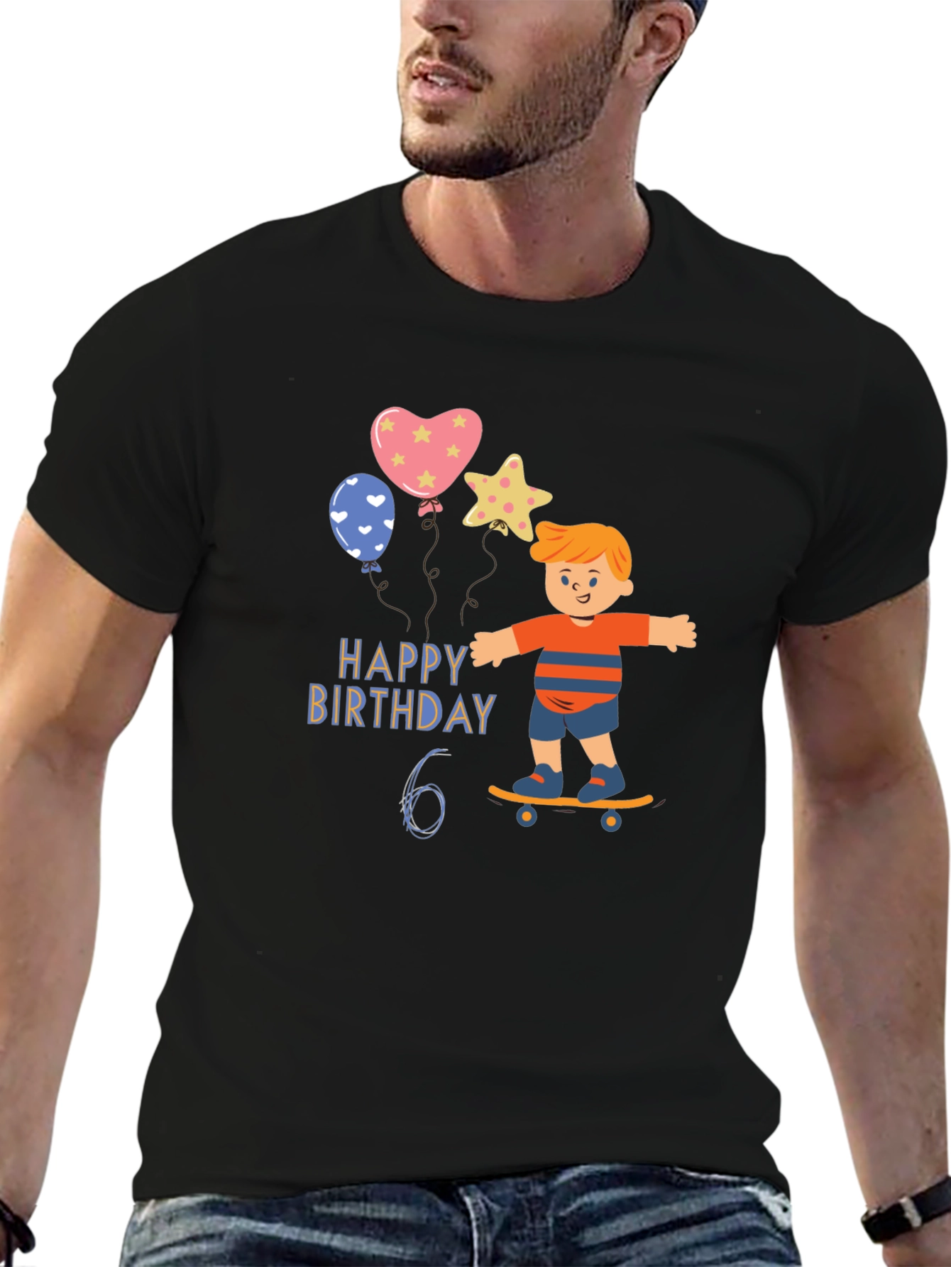 Black Happy 6th Birthday Skateboard T-Shirt view 6