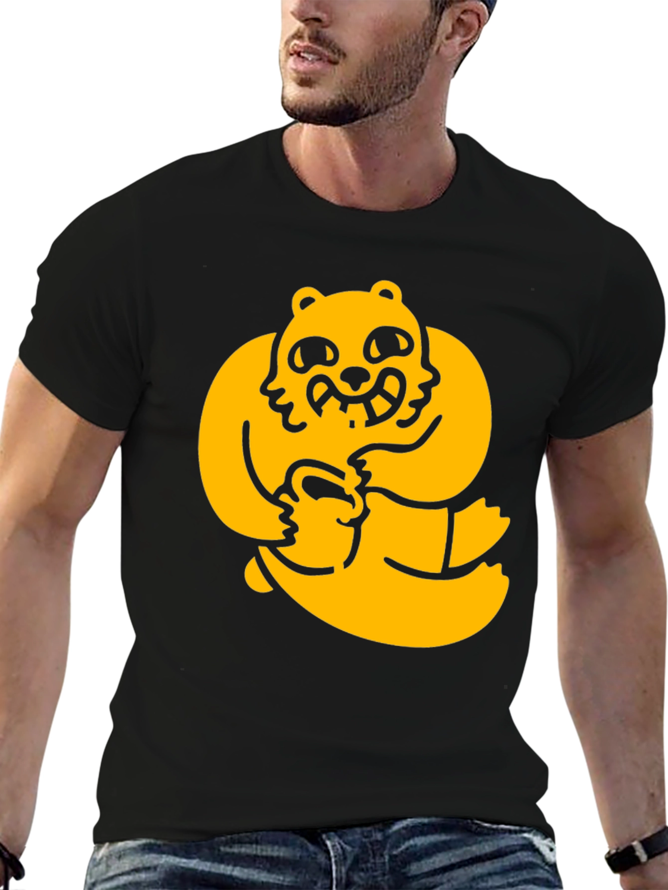 Black Men's Black Tee with Cartoon Bear Graphic view 6