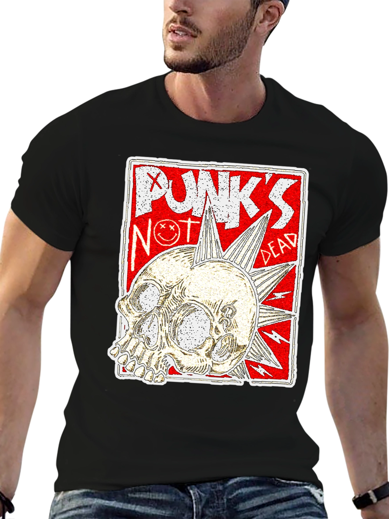 Black Punk's Not Dead Skull Graphic Tee - Black view 6