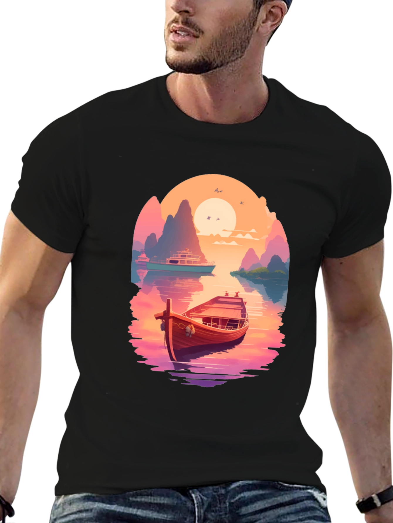 Boat Scene Graphic Tee - Retro Sunset Style - 6