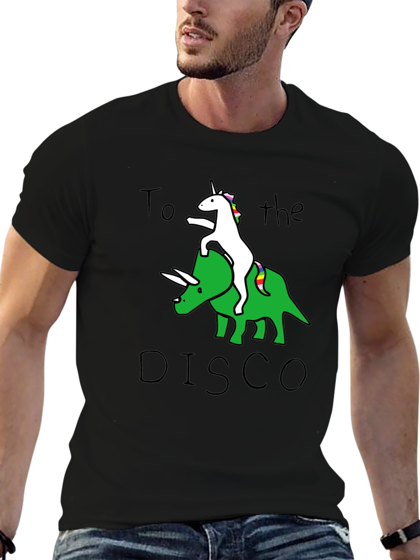 Black Unicorn Riding Dinosaur To the Disco T-Shirt view 6