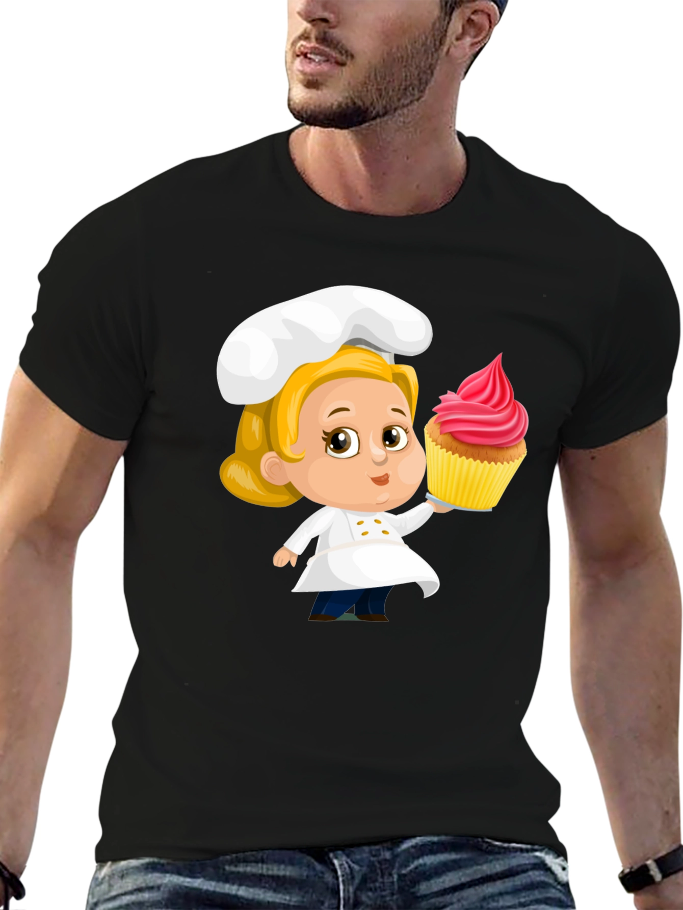 Black Chef Cupcake Cartoon T-Shirt - Cute & Fun Design view 6