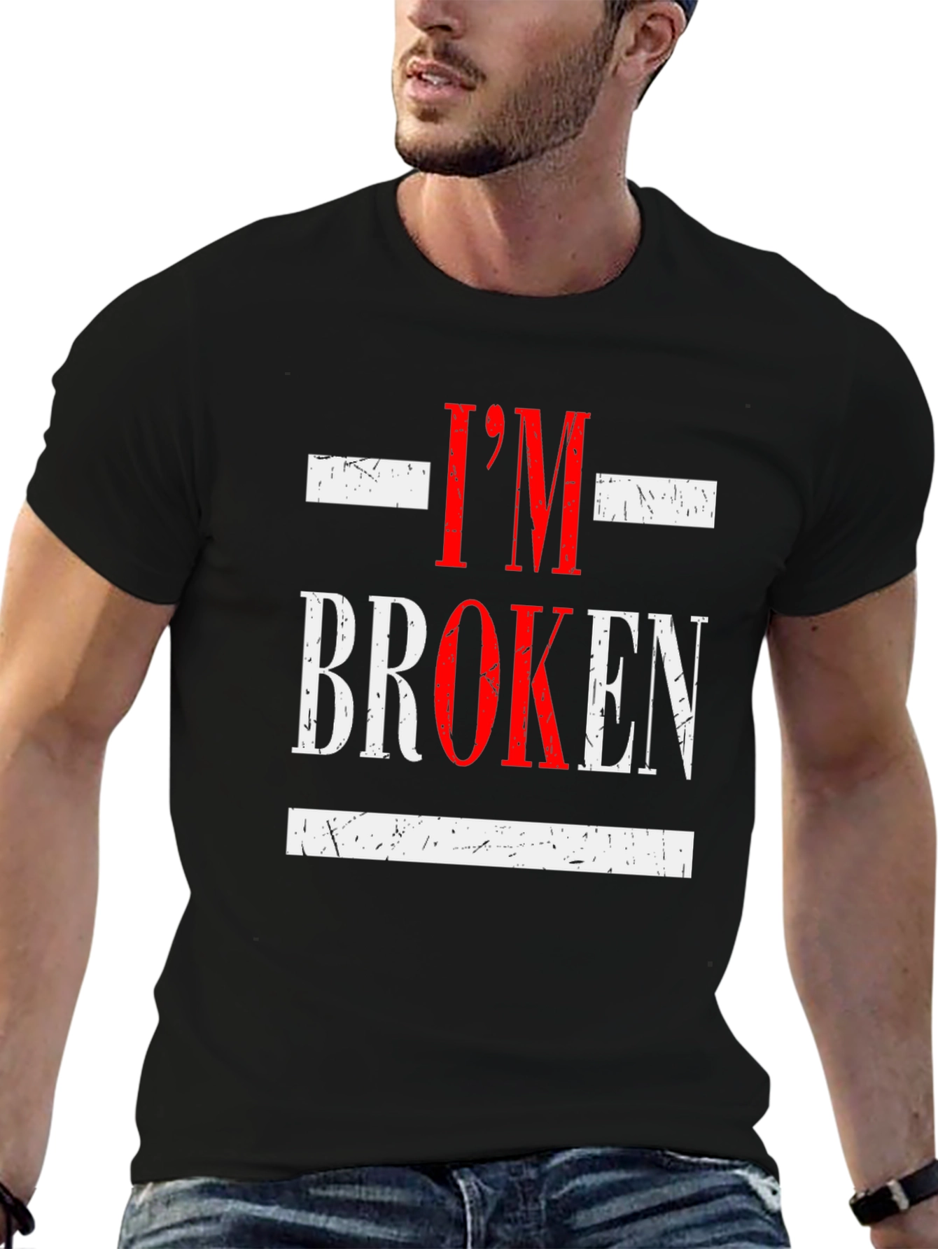 Black I'm Broken Graphic Tee - Distressed Design, Casual Wear view 6