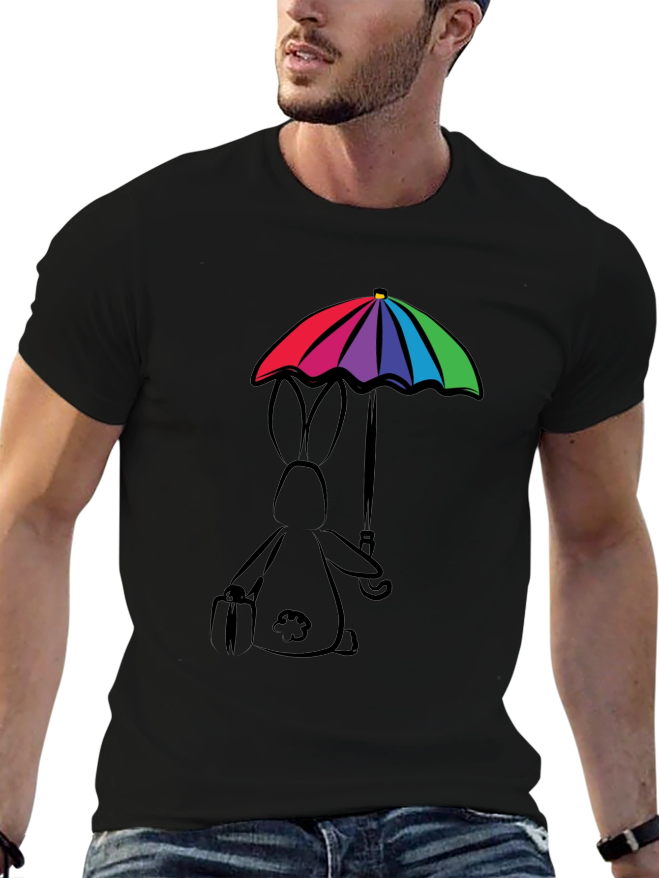 Black Rainbow Umbrella Bunny T-Shirt view 6