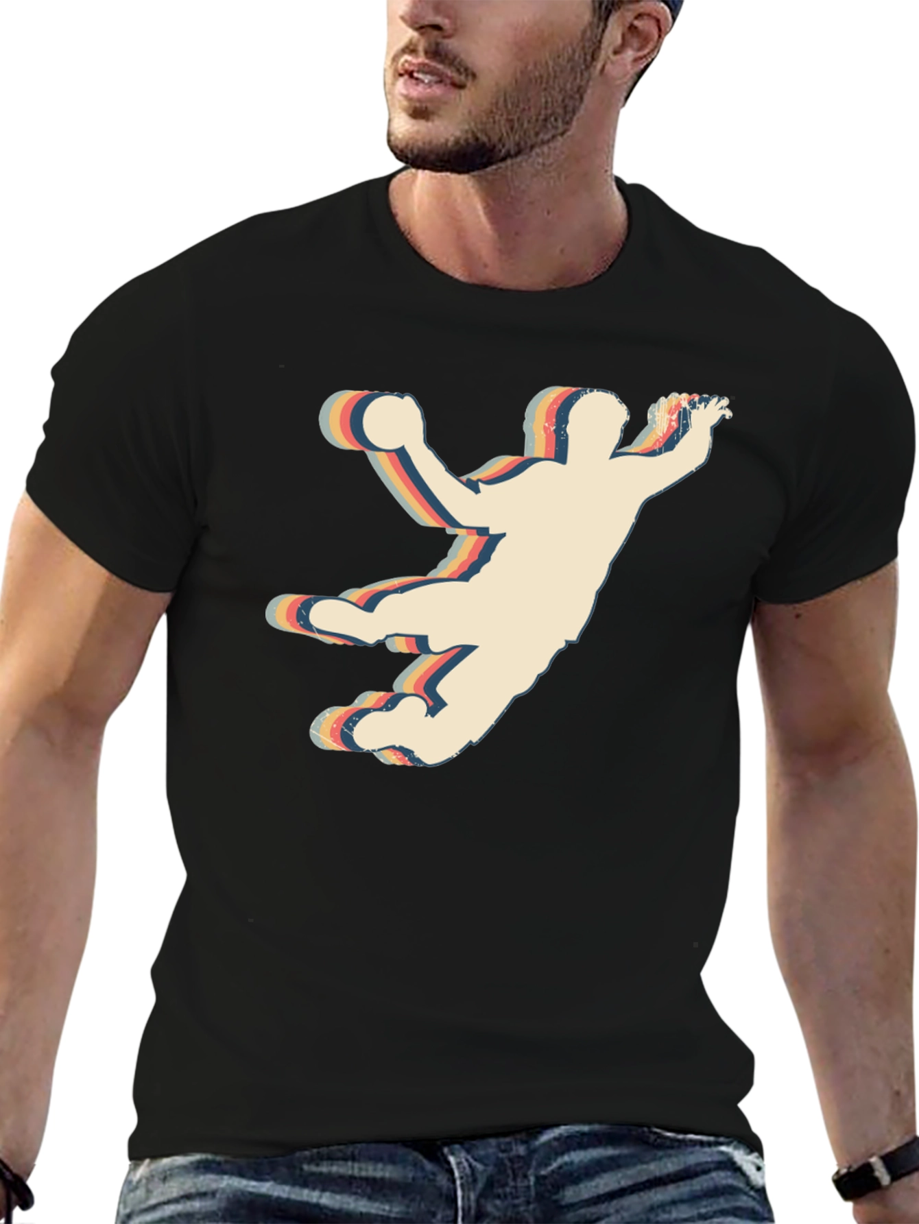 Black Retro Handball Player Graphic T-Shirt view 6