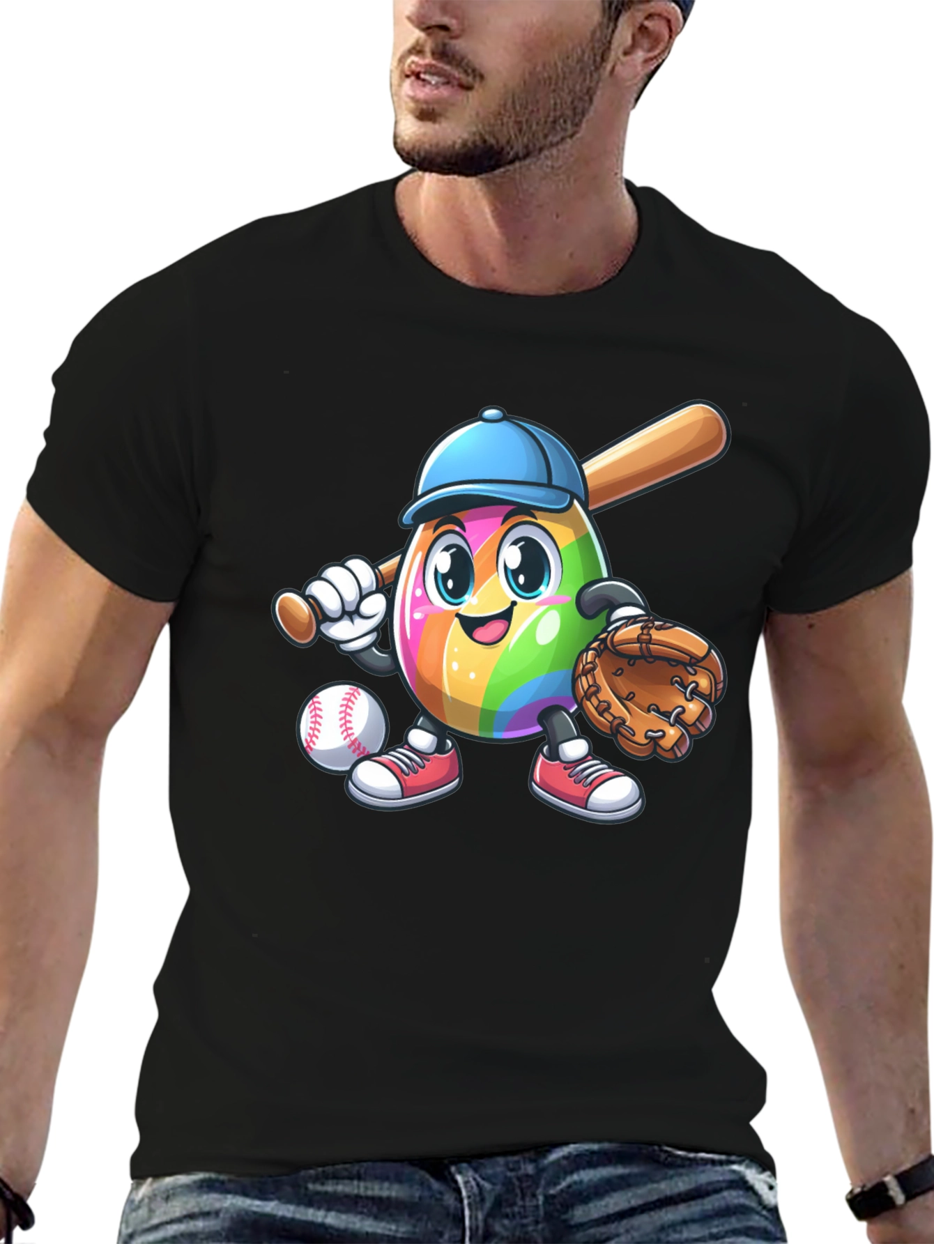 Black Rainbow Baseball Egg T-Shirt view 6