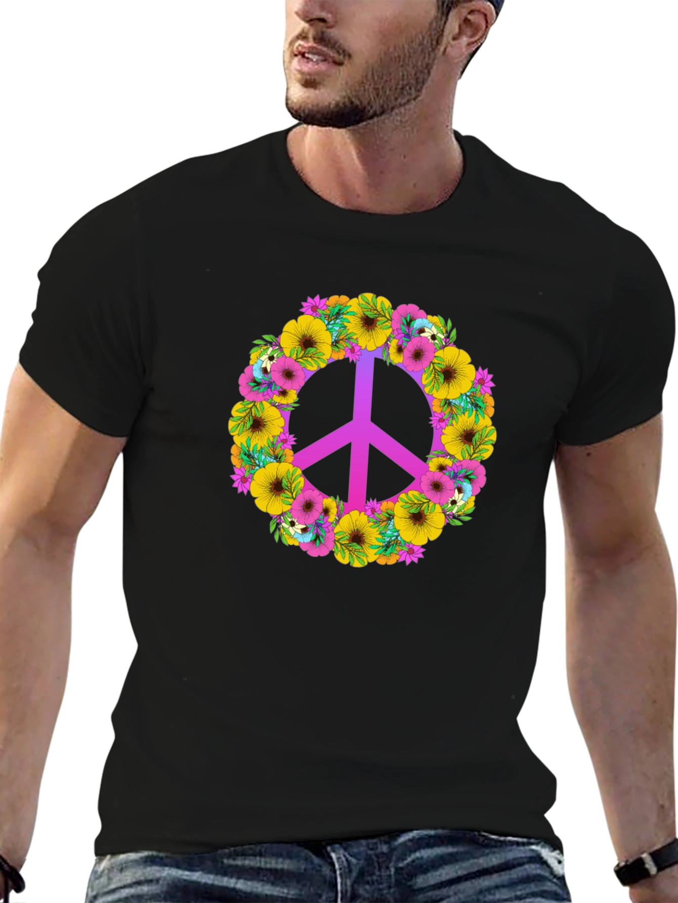 Black Floral Peace Sign Graphic Tee - Black Cotton Blend view 6