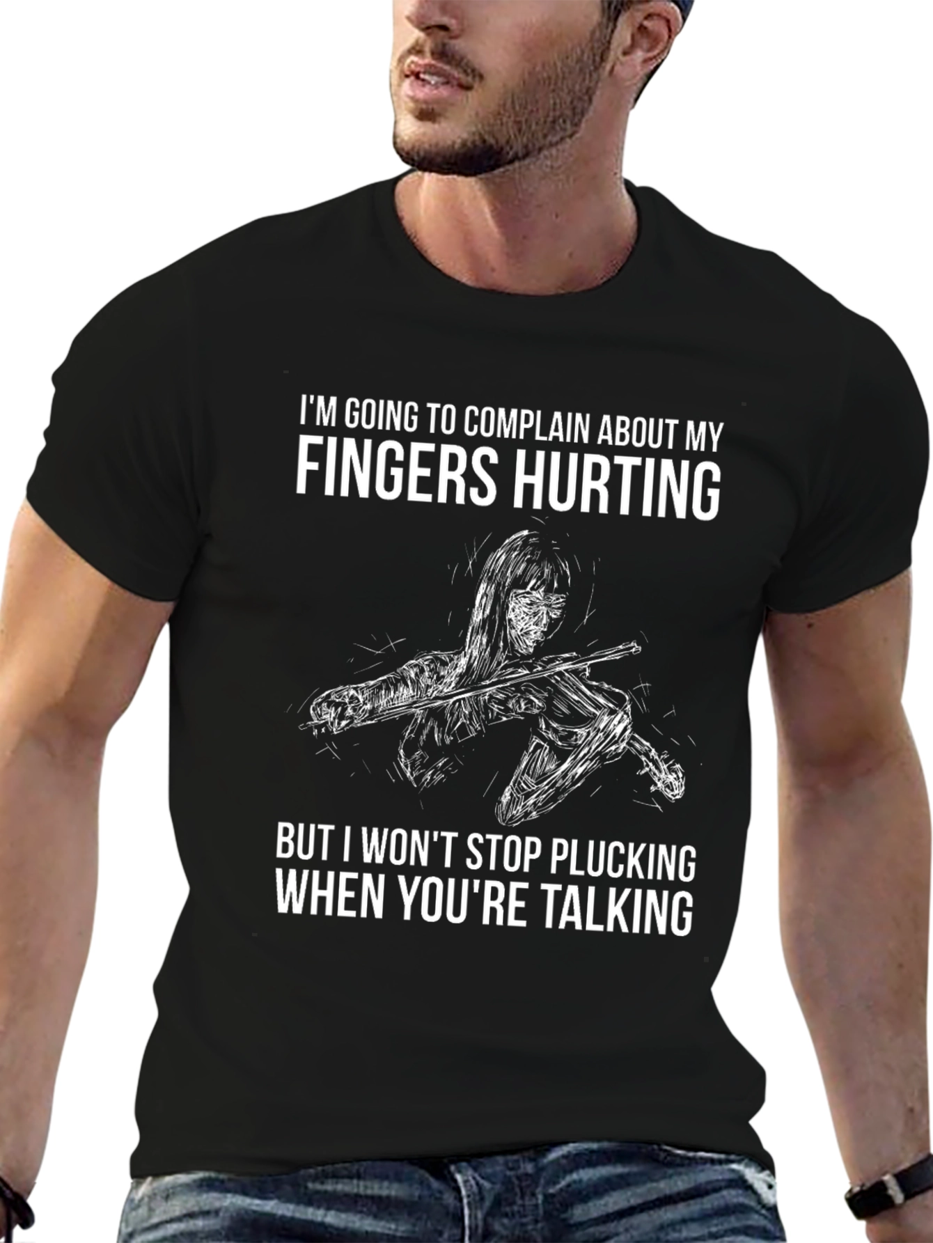 Black Funny Musician T-Shirt: Fingers Hurting, Won't Stop Plucking view 6