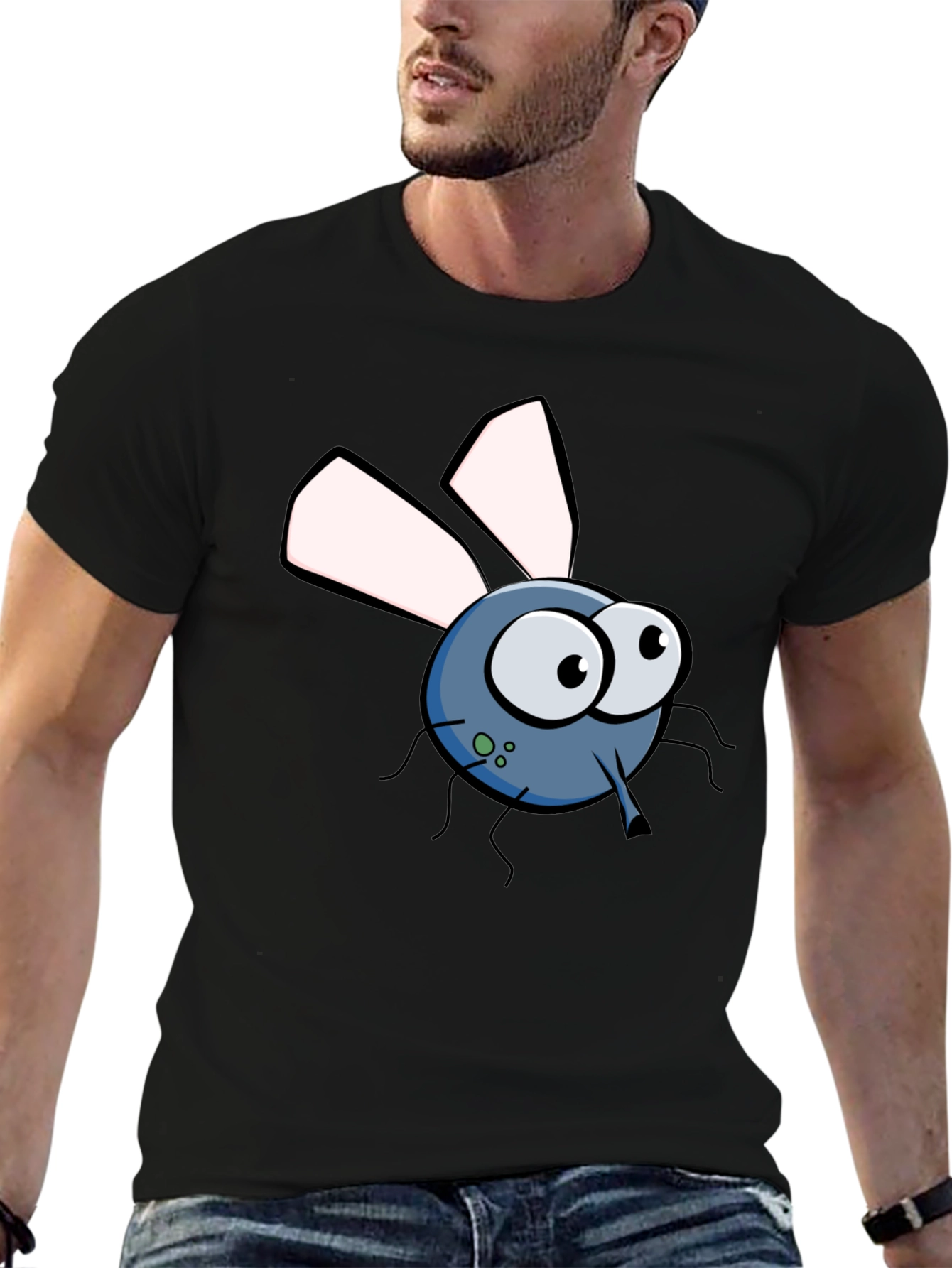 Black Funny Cartoon Fly Graphic T-Shirt view 6