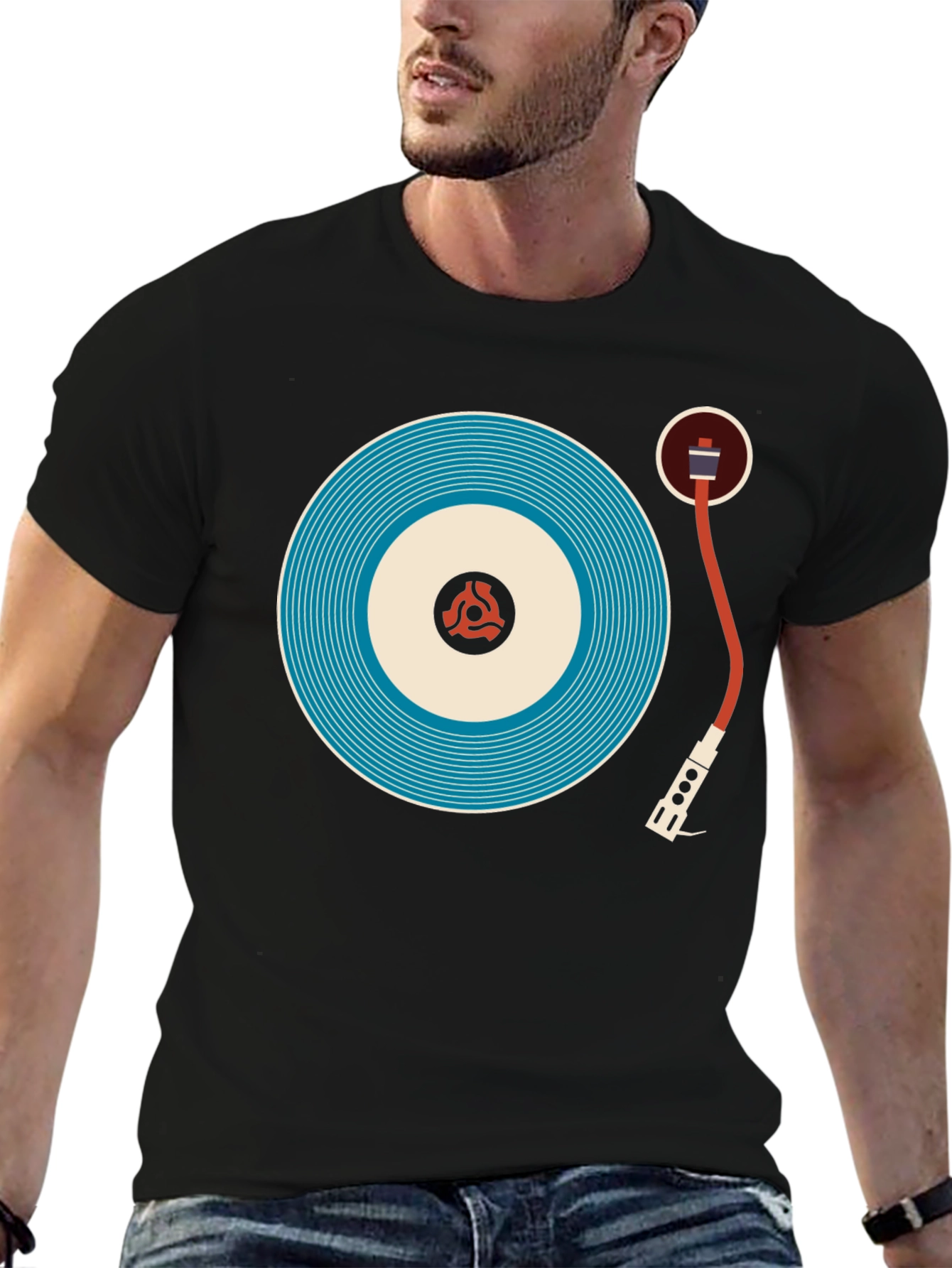 Black Retro Turntable Graphic Tee - Cool Music Lover Shirt view 6