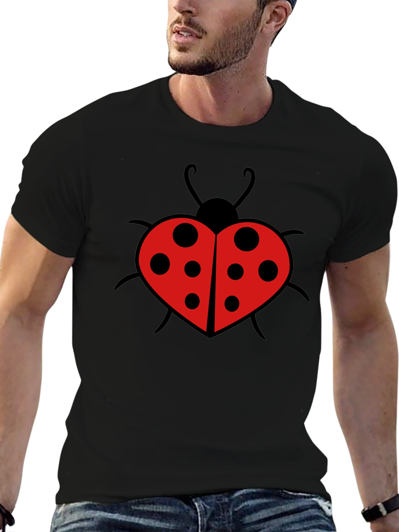 Black Ladybug Heart Graphic Tee - Black Cotton T-Shirt view 6