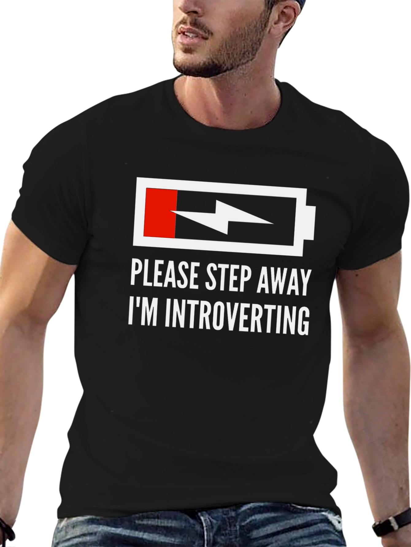 Black Introvert Humor T-Shirt - Low Battery Graphic Tee view 6