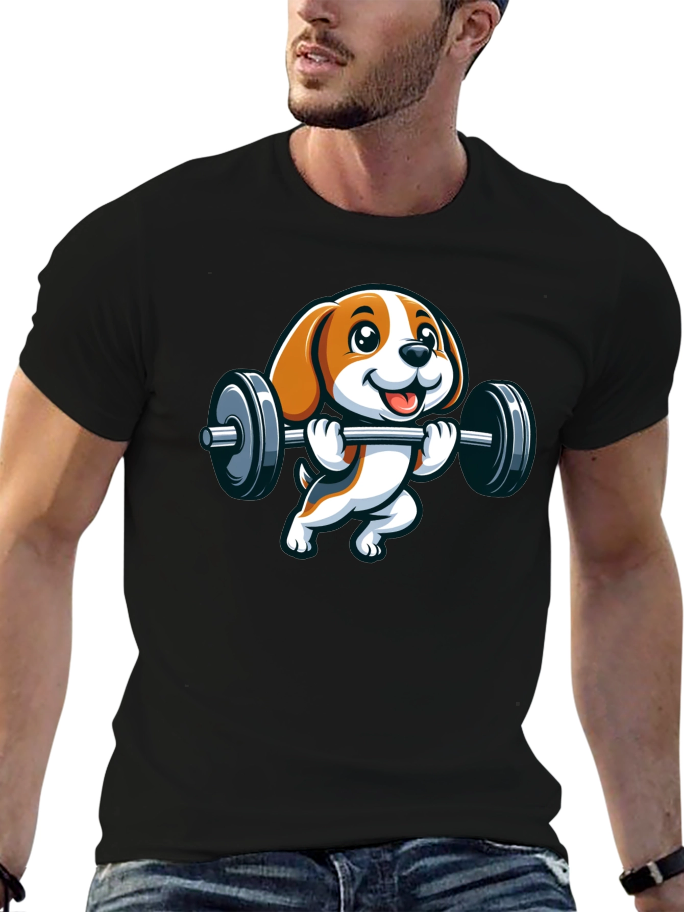 Black Cute Dog Lifting Weights Graphic T-Shirt view 6