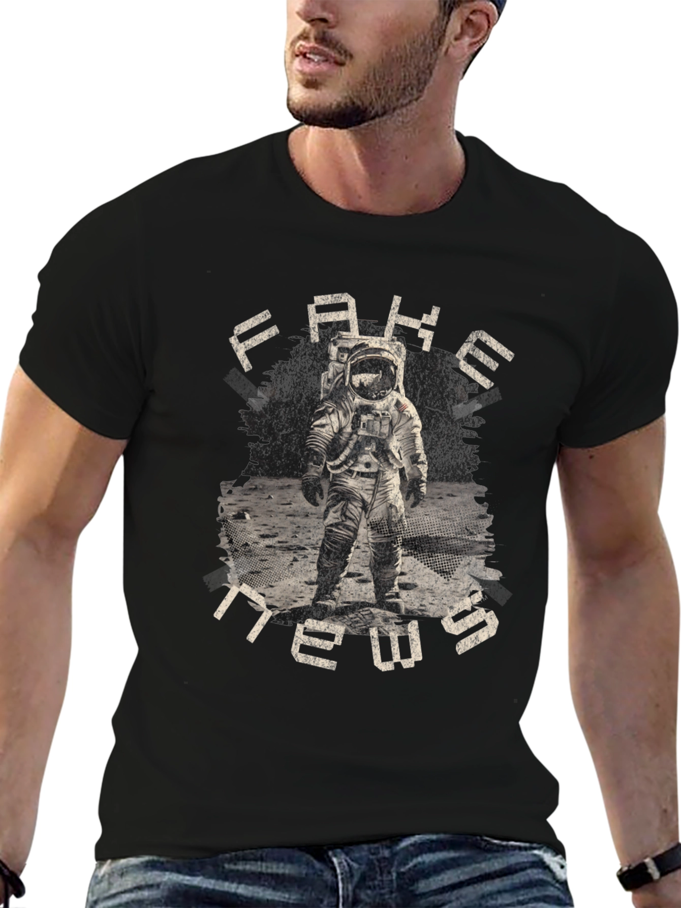 Black Fake News Astronaut Graphic T-Shirt view 6