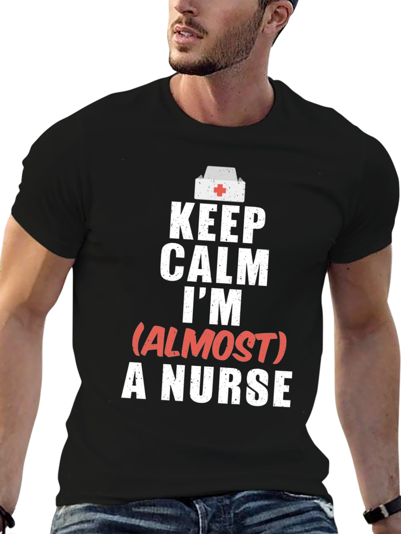 Black Keep Calm Almost A Nurse Graphic T-Shirt view 6