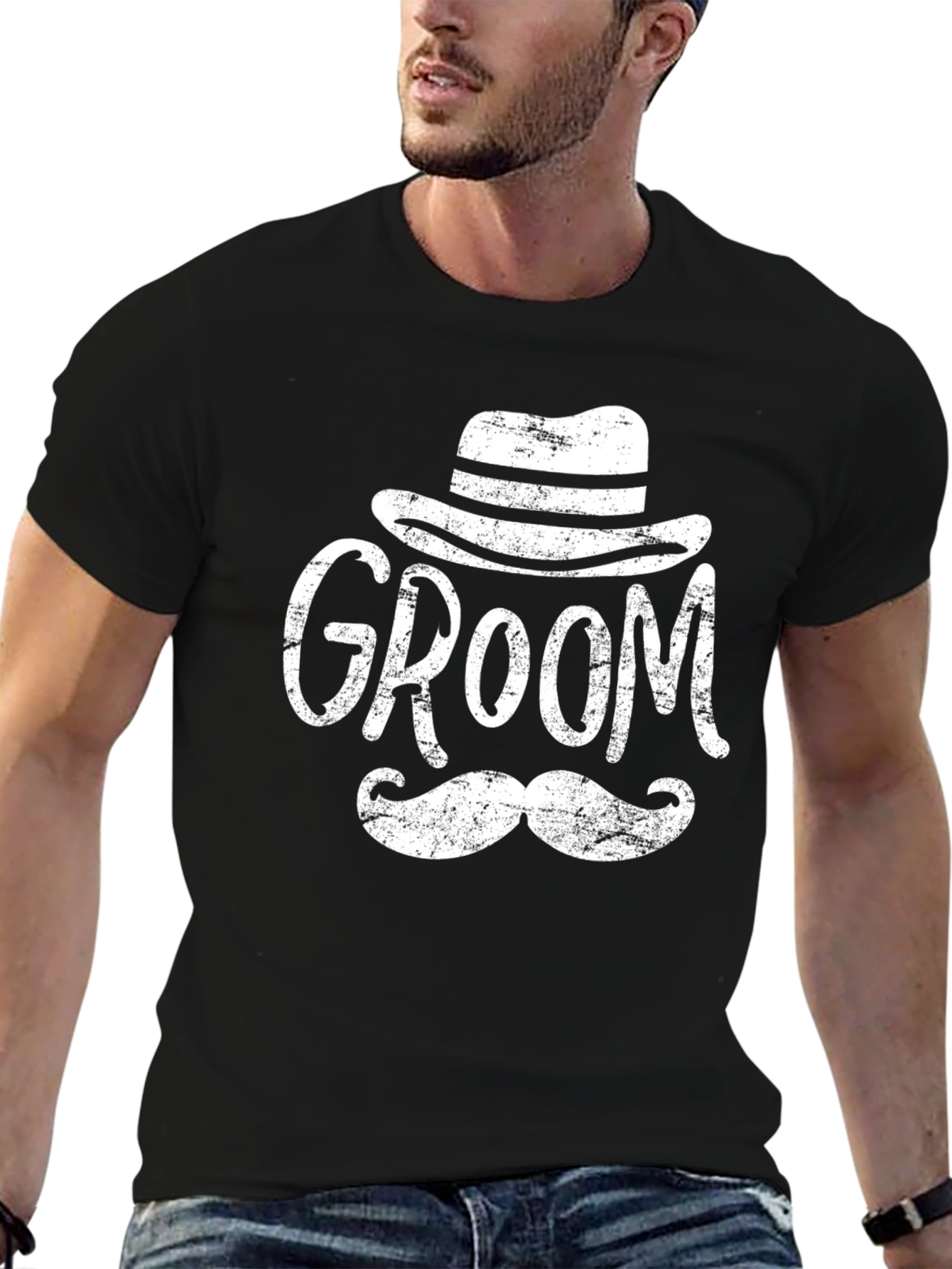 Black Groom T-Shirt Hat and Mustache Graphic Black view 6