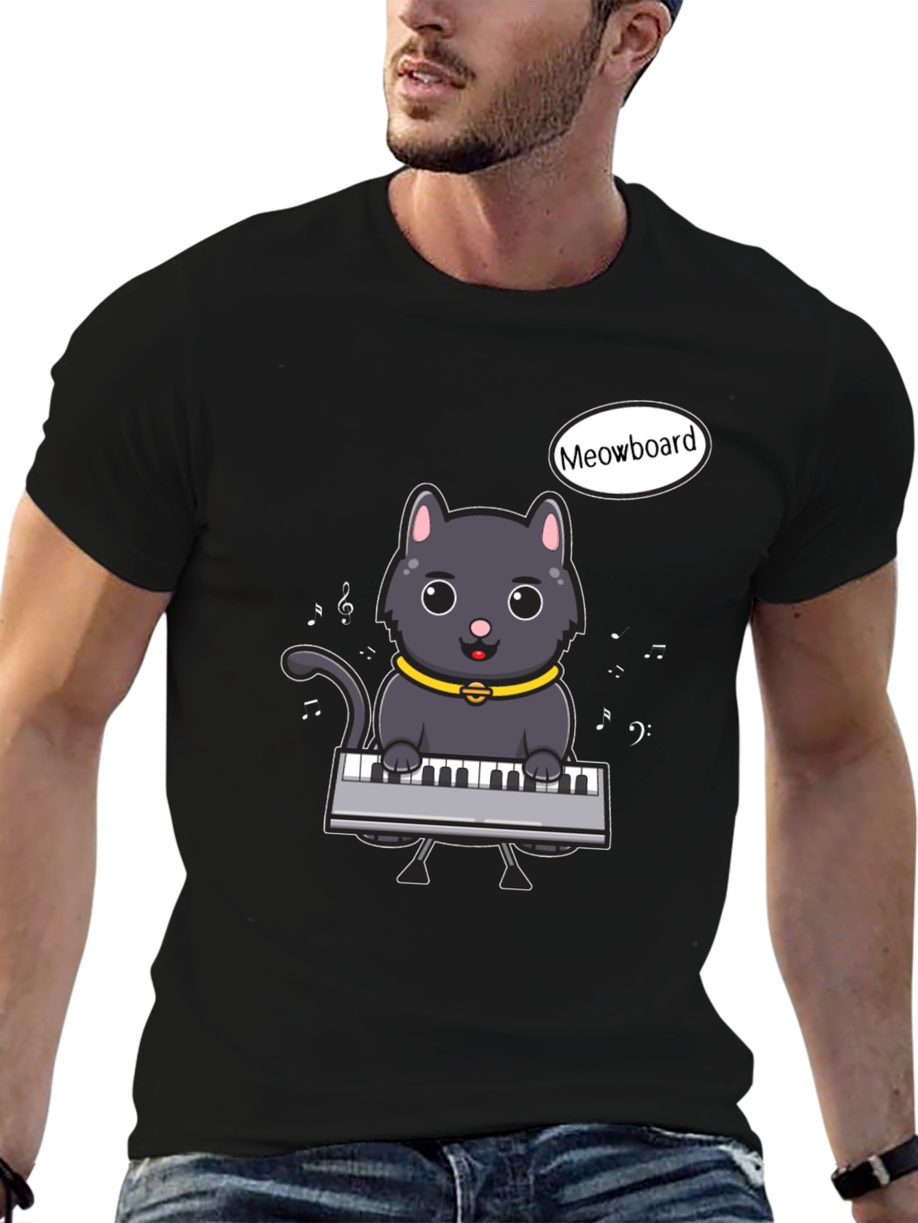 Black Meowboard Cat Musician T-Shirt view 6