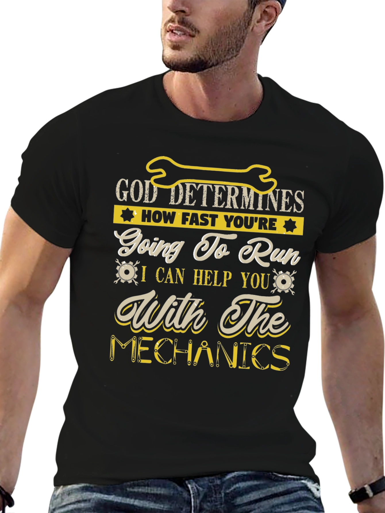 Black God Determines Mechanics Humor T-Shirt view 6
