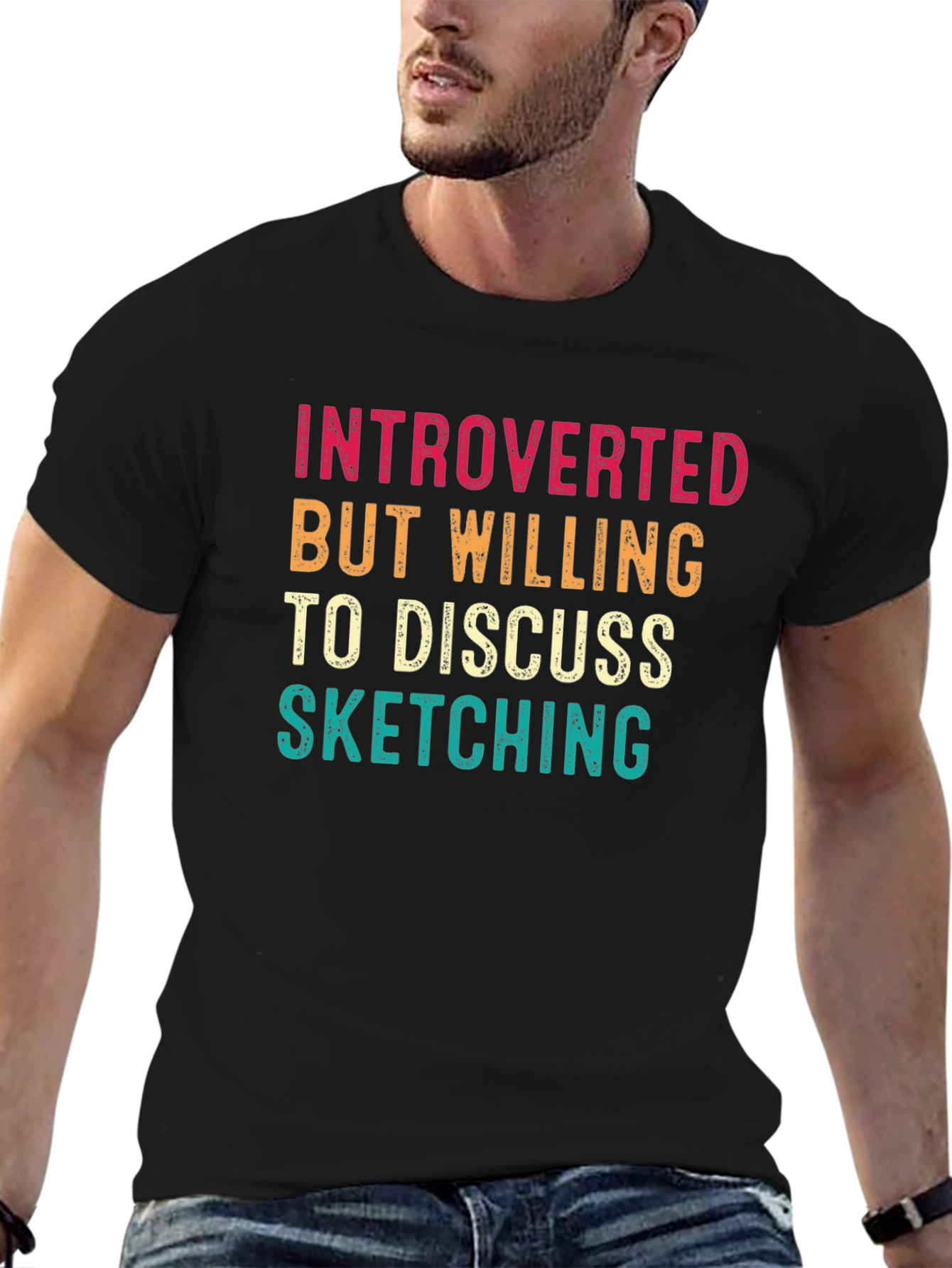 Black Introverted Sketching Graphic Tee - Black Cotton Blend view 6