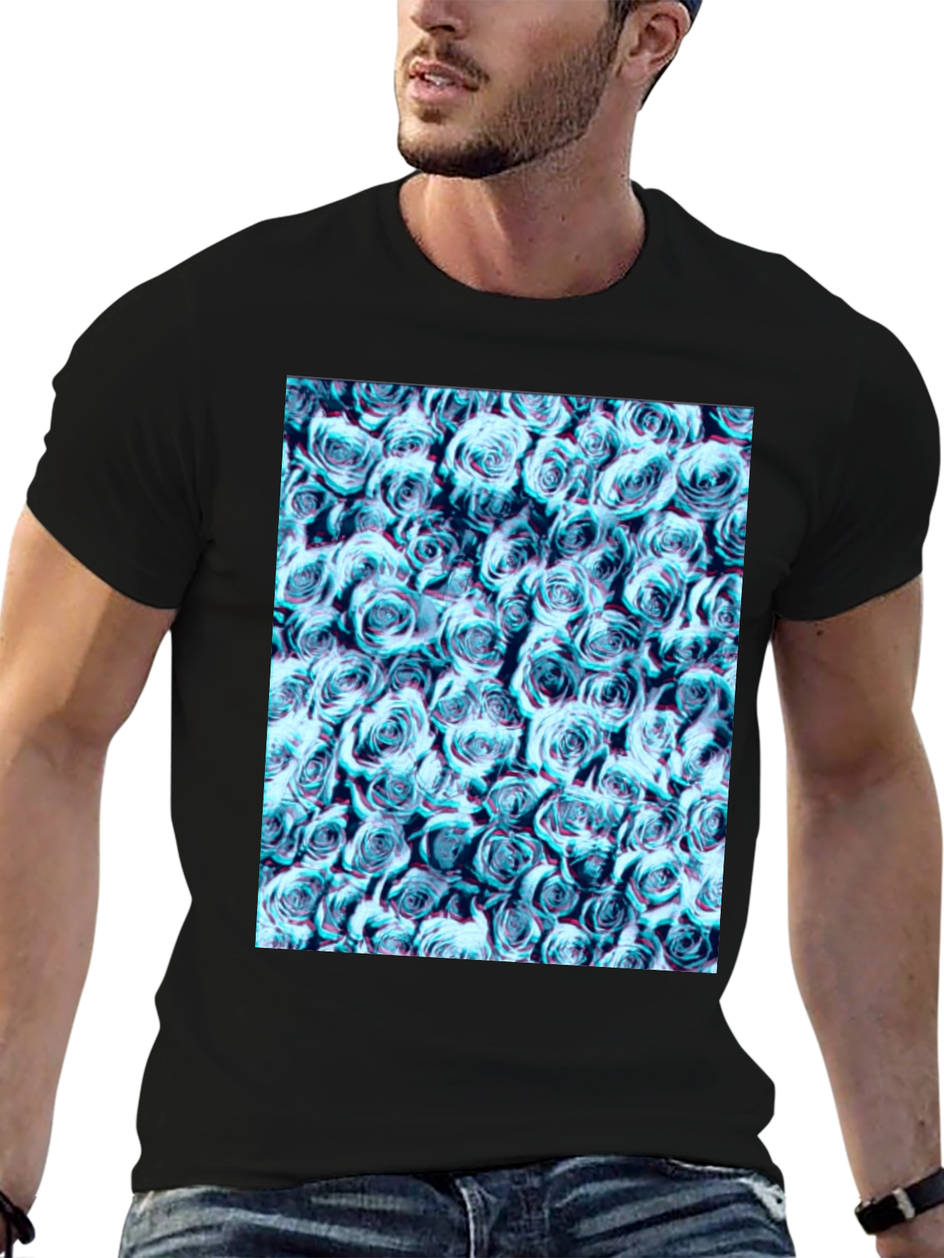 Black Blue Rose Print Black T-Shirt view 6
