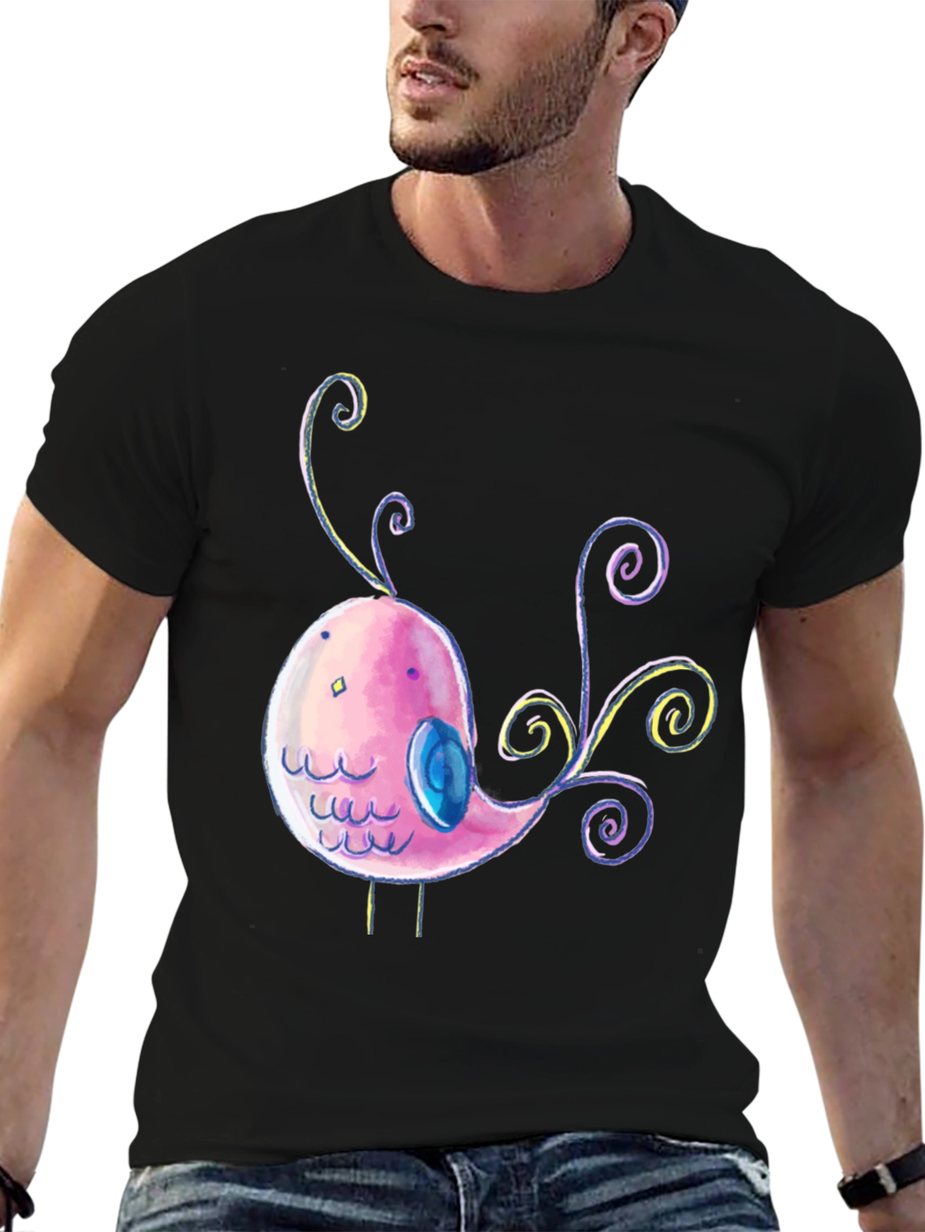 Black Cute Cartoon Bird Graphic Black T-Shirt view 6